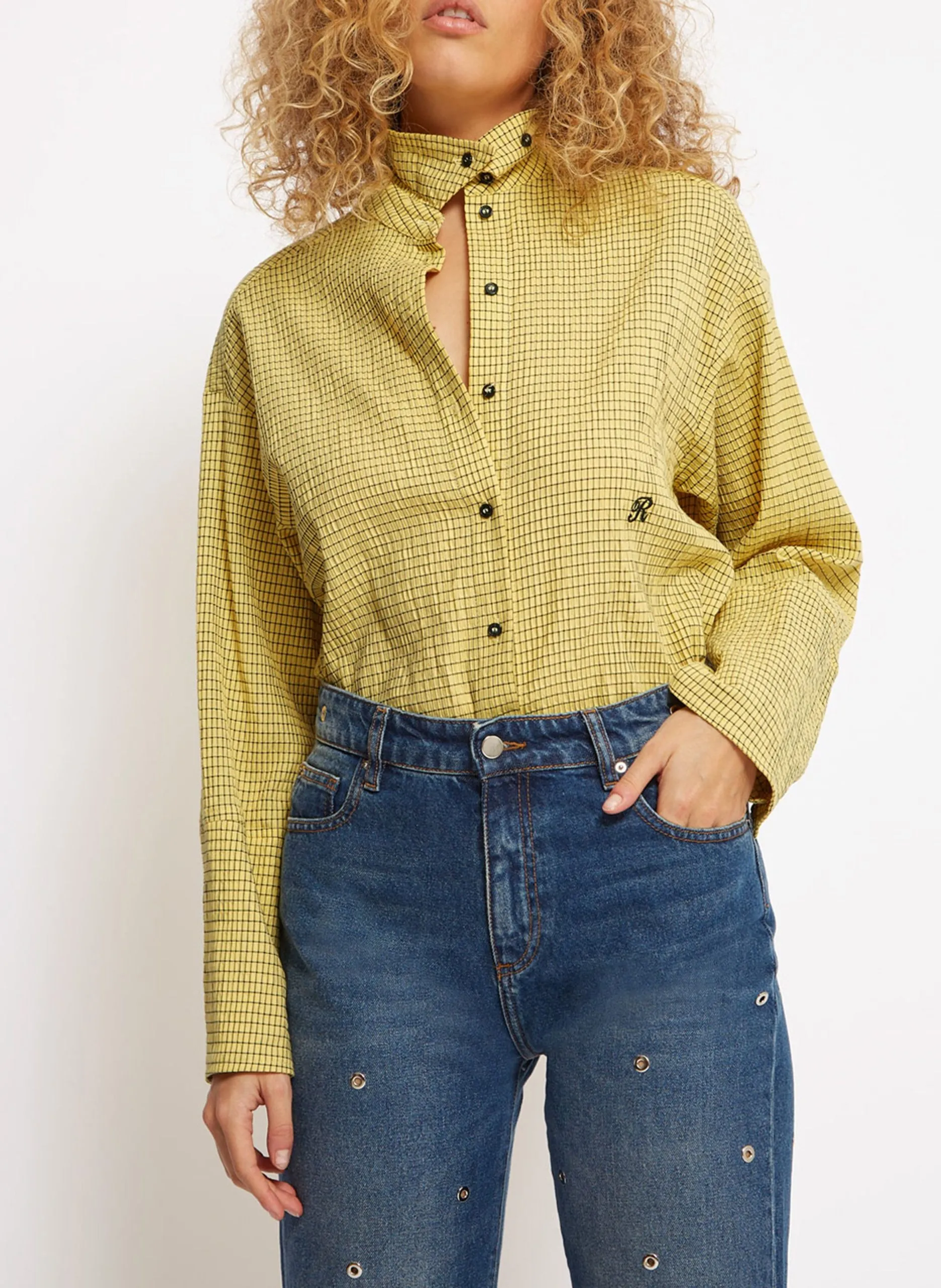 Chemise col classique à carreaux en coton mélangé Jaune KELLY