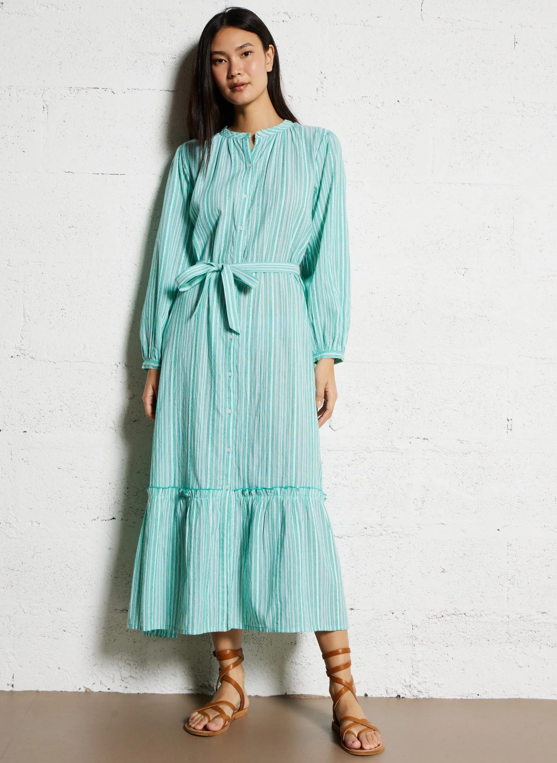 Robe longue col rond en coton Vert RAMIRA