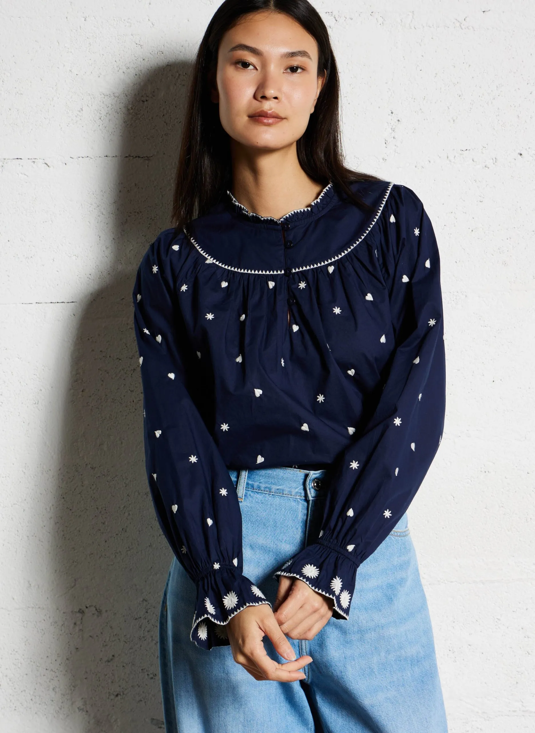 Top ample brodé en coton bio Bleu MAISY