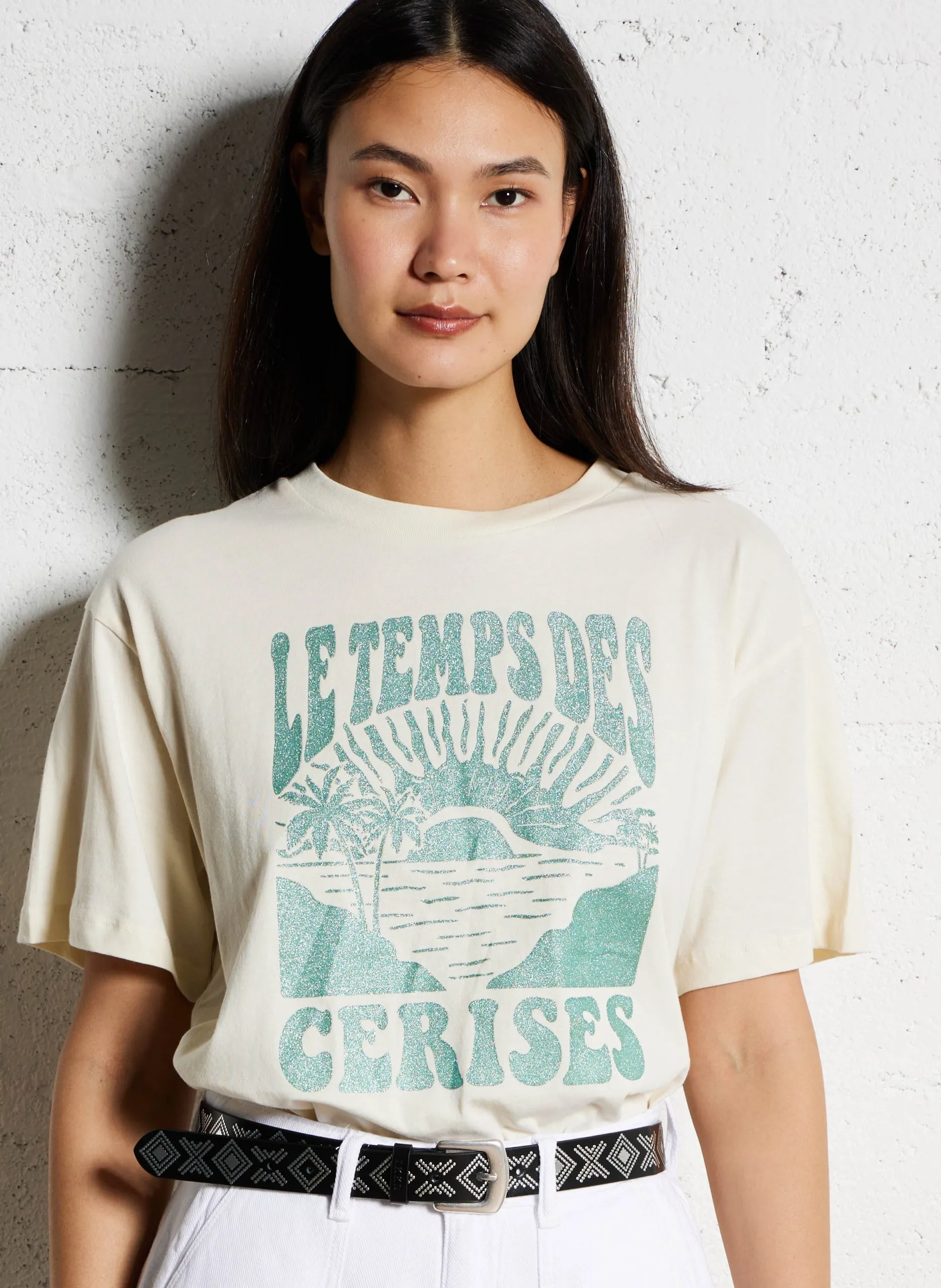 Tee-shirt droit col rond sérigraphié en coton Blanc ILESSE