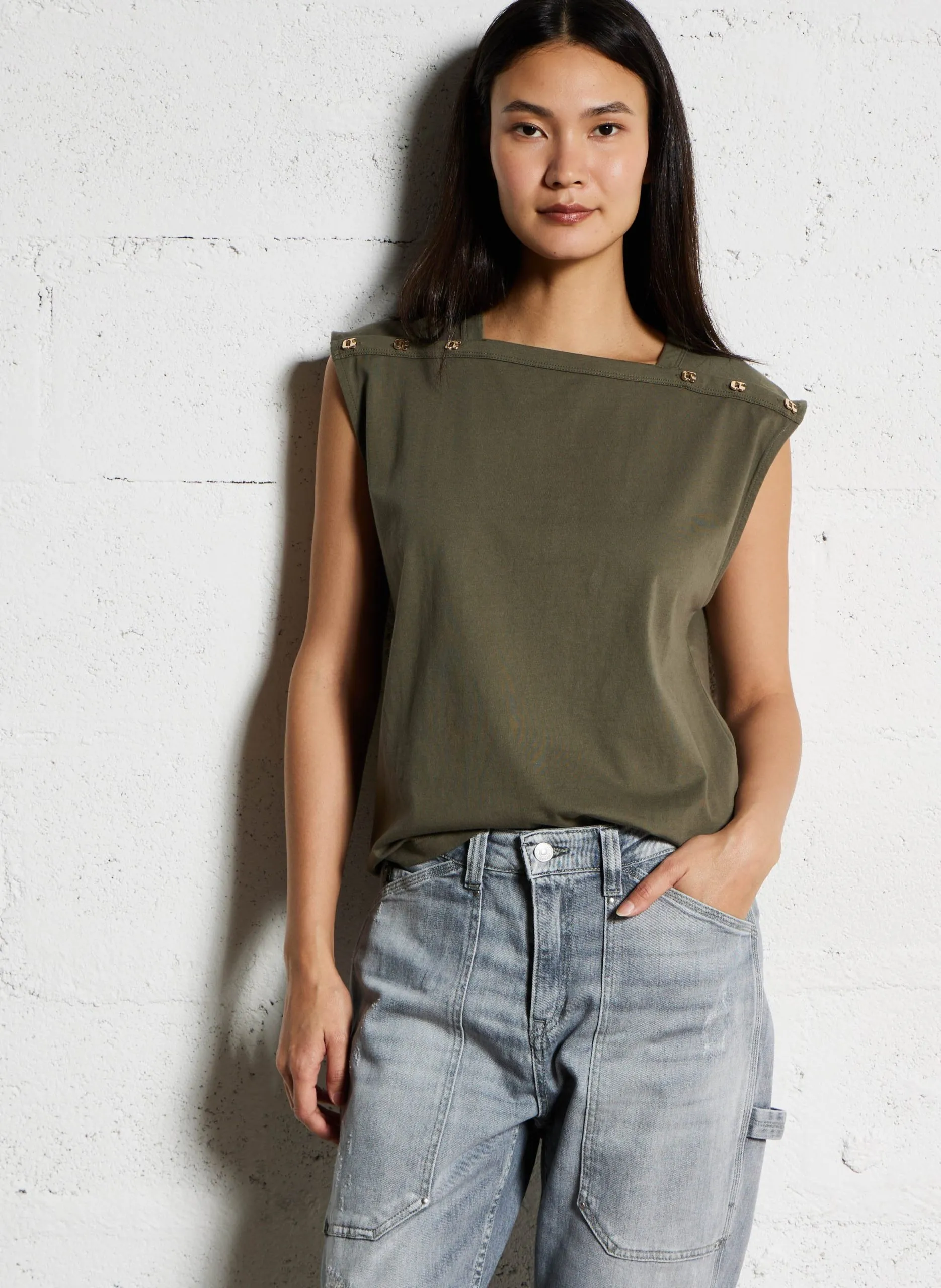 Tee-shirt col carré en coton Vert MARINA