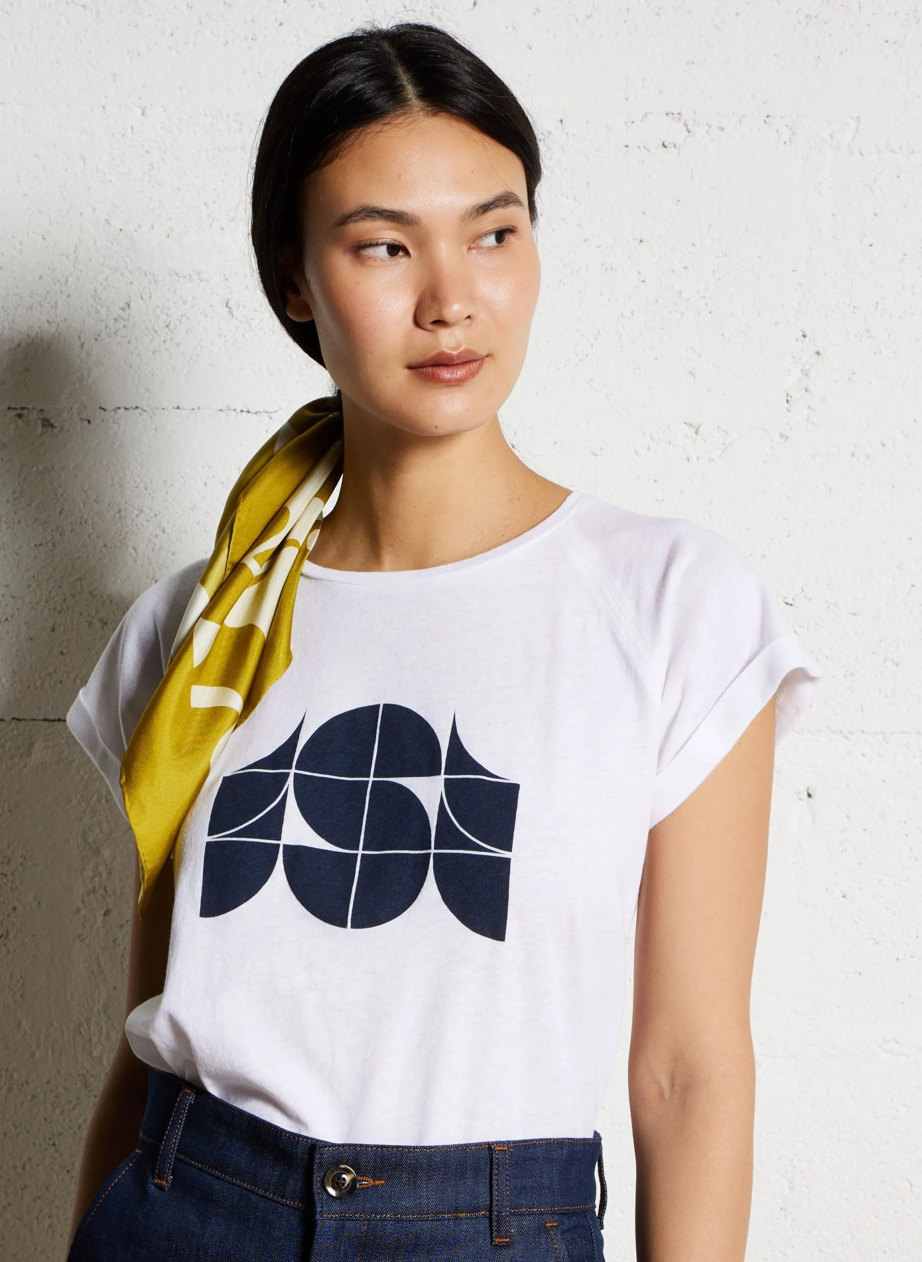 Tee-shirt col rond sérigraphié en coton mélangé Blanc VALENTINA