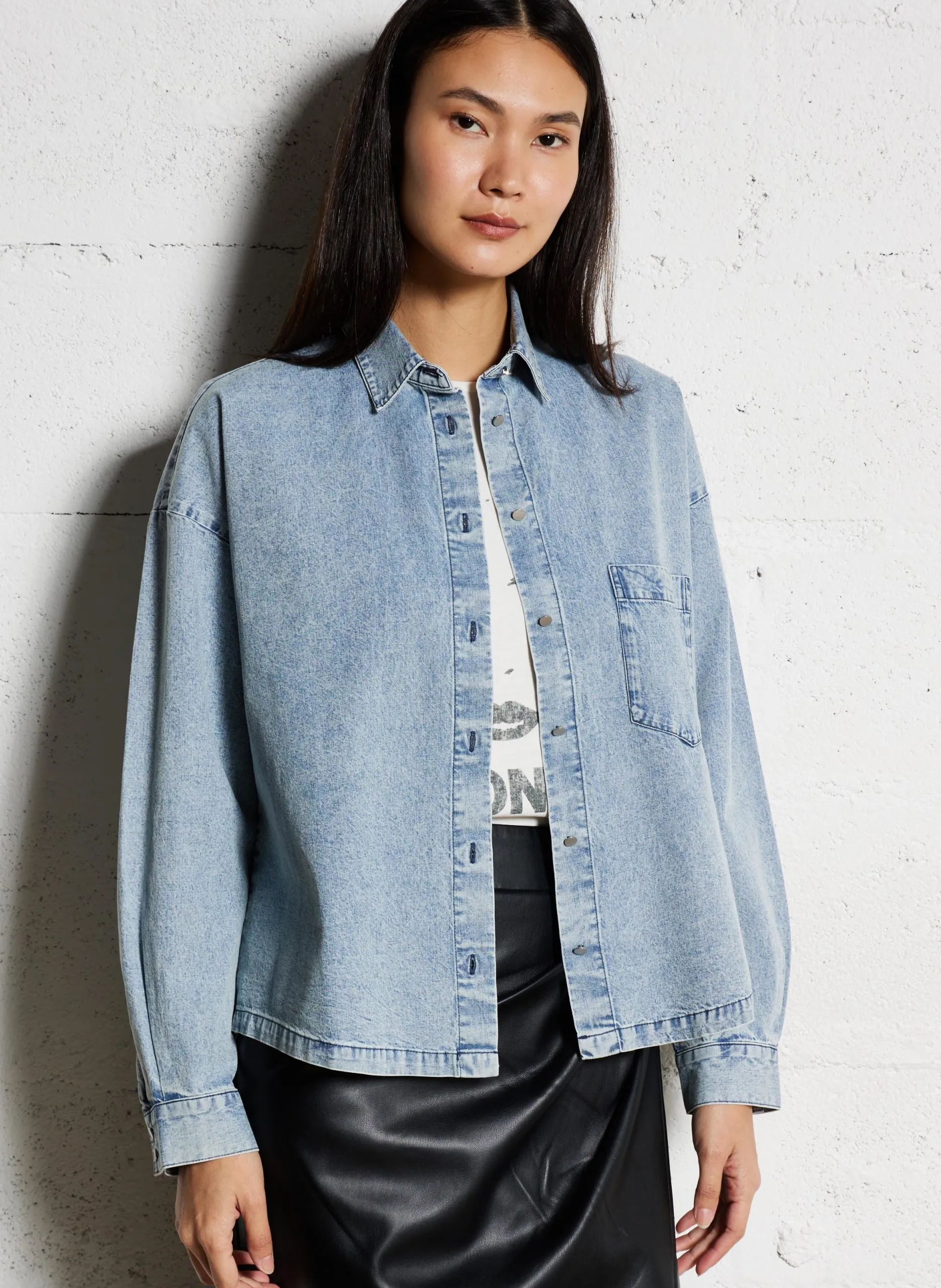 Chemise col classique en denim Bleu