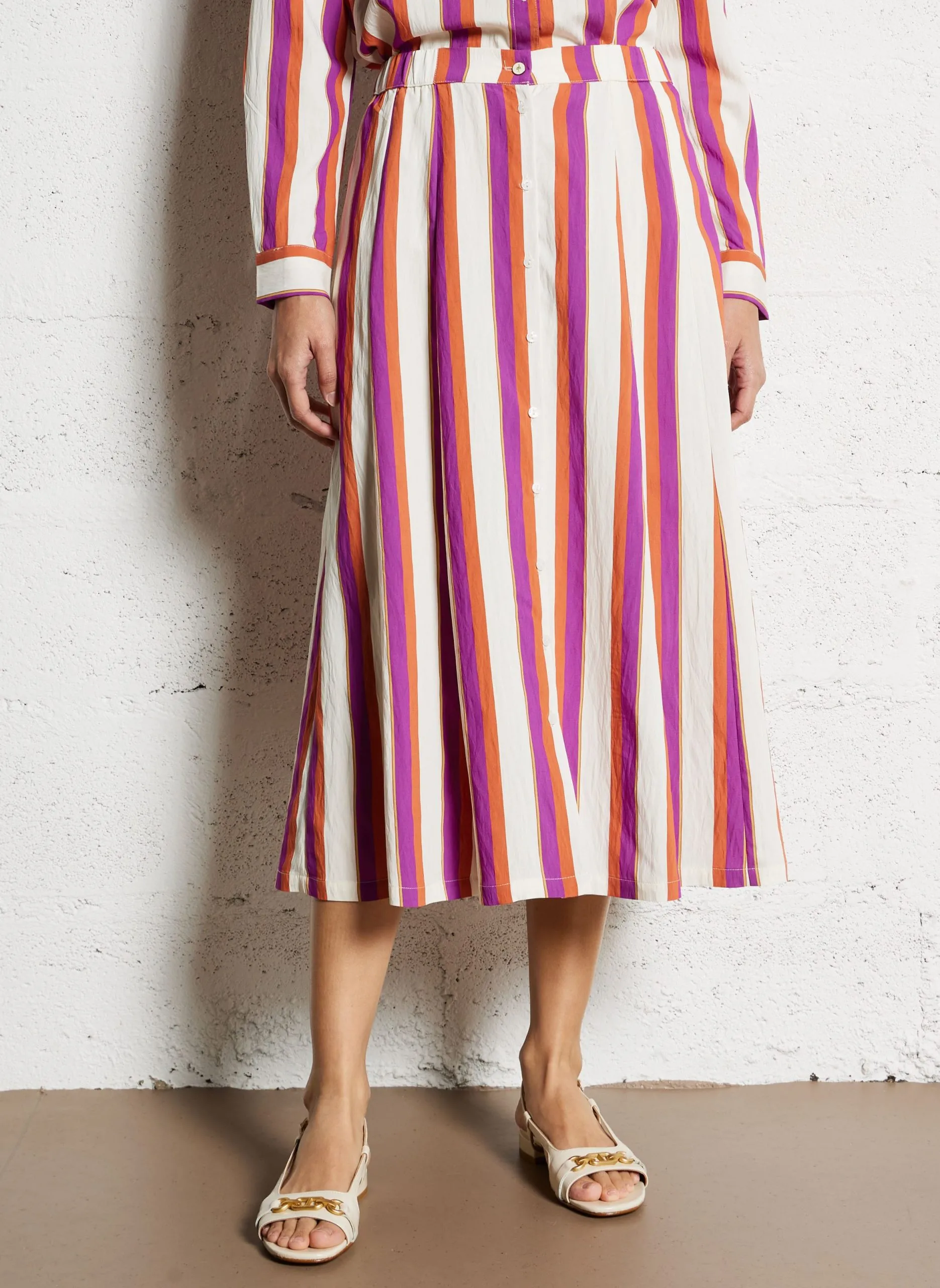 Jupe midi rayée en lin Blanc