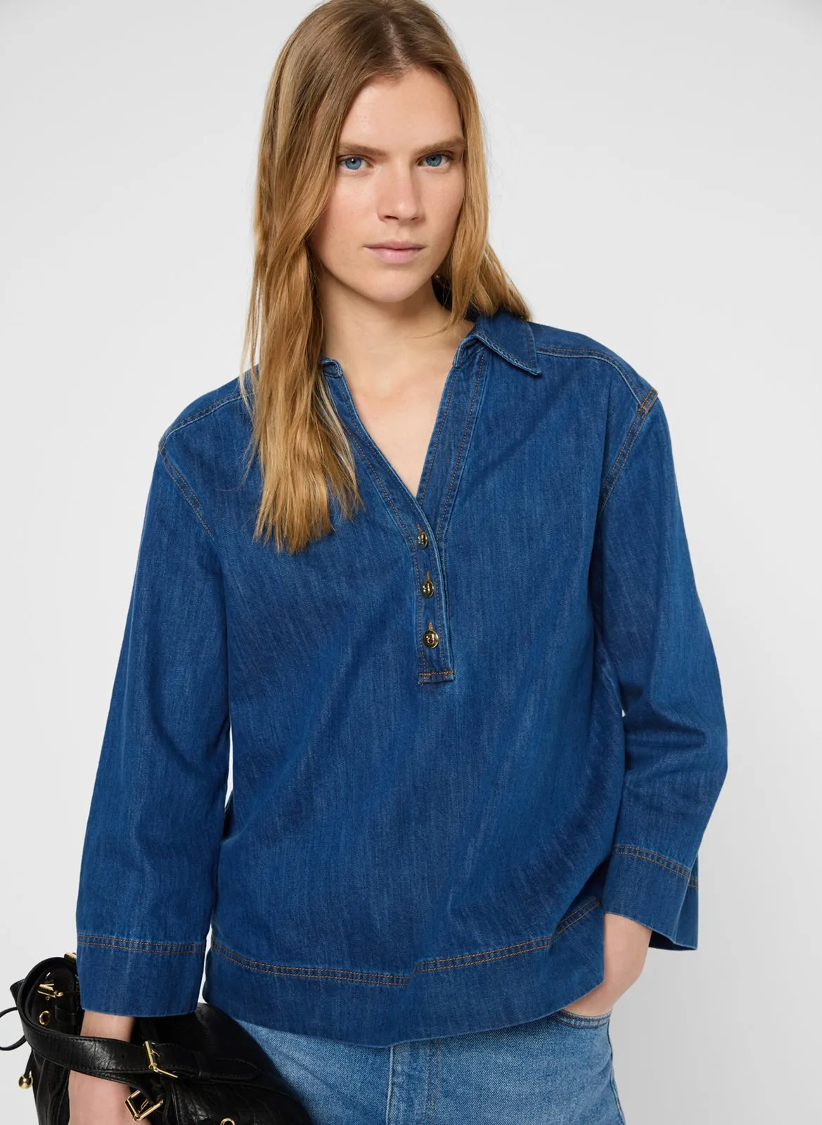 Blouse col chemise en denim coton Bleu UNIA