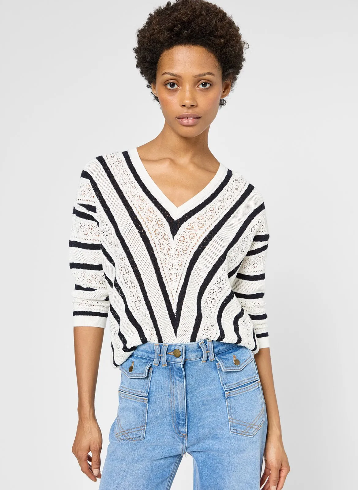 Pull droit en coton rayé Bleu JOELLE