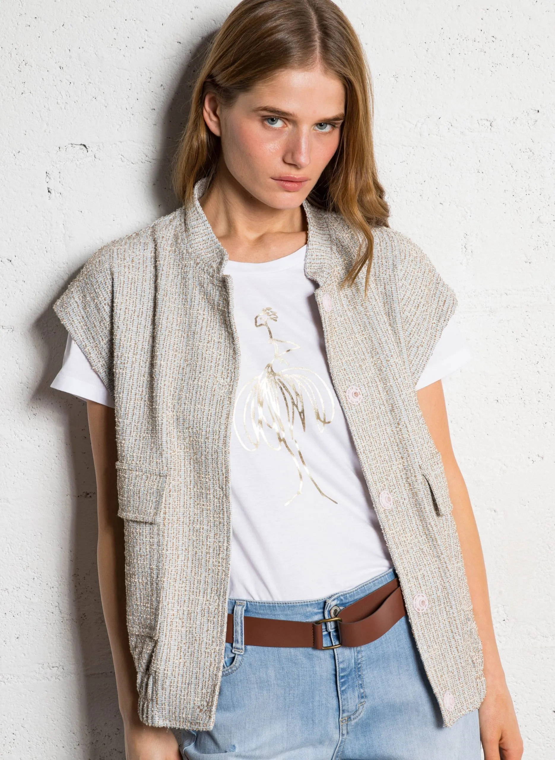 Veste droite sans manches en tweed Bleu