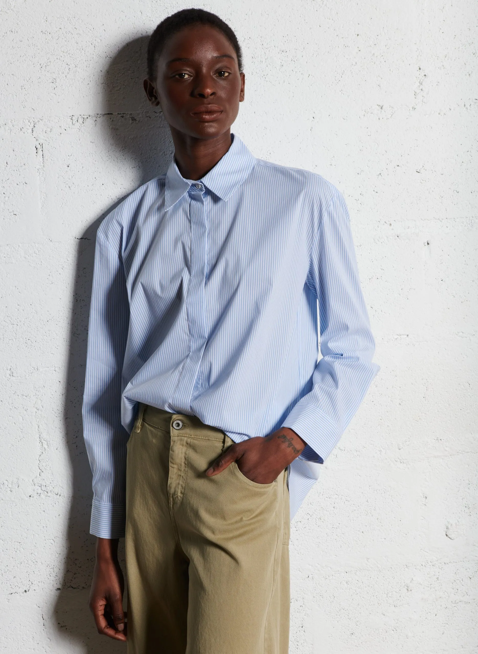 Chemise col classique rayée en coton mélangé Multicolore