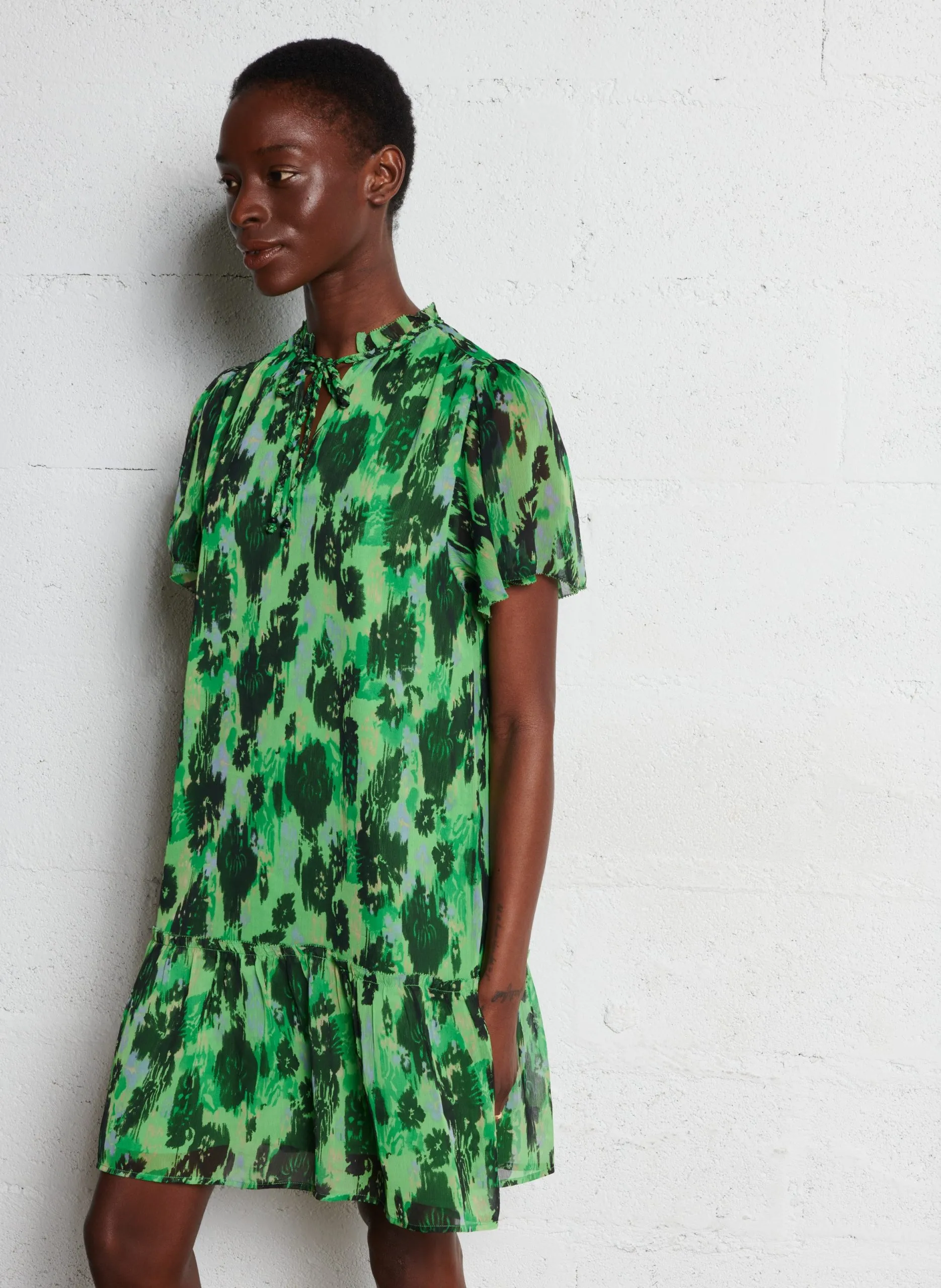 Robe courte col rond imprimée Vert