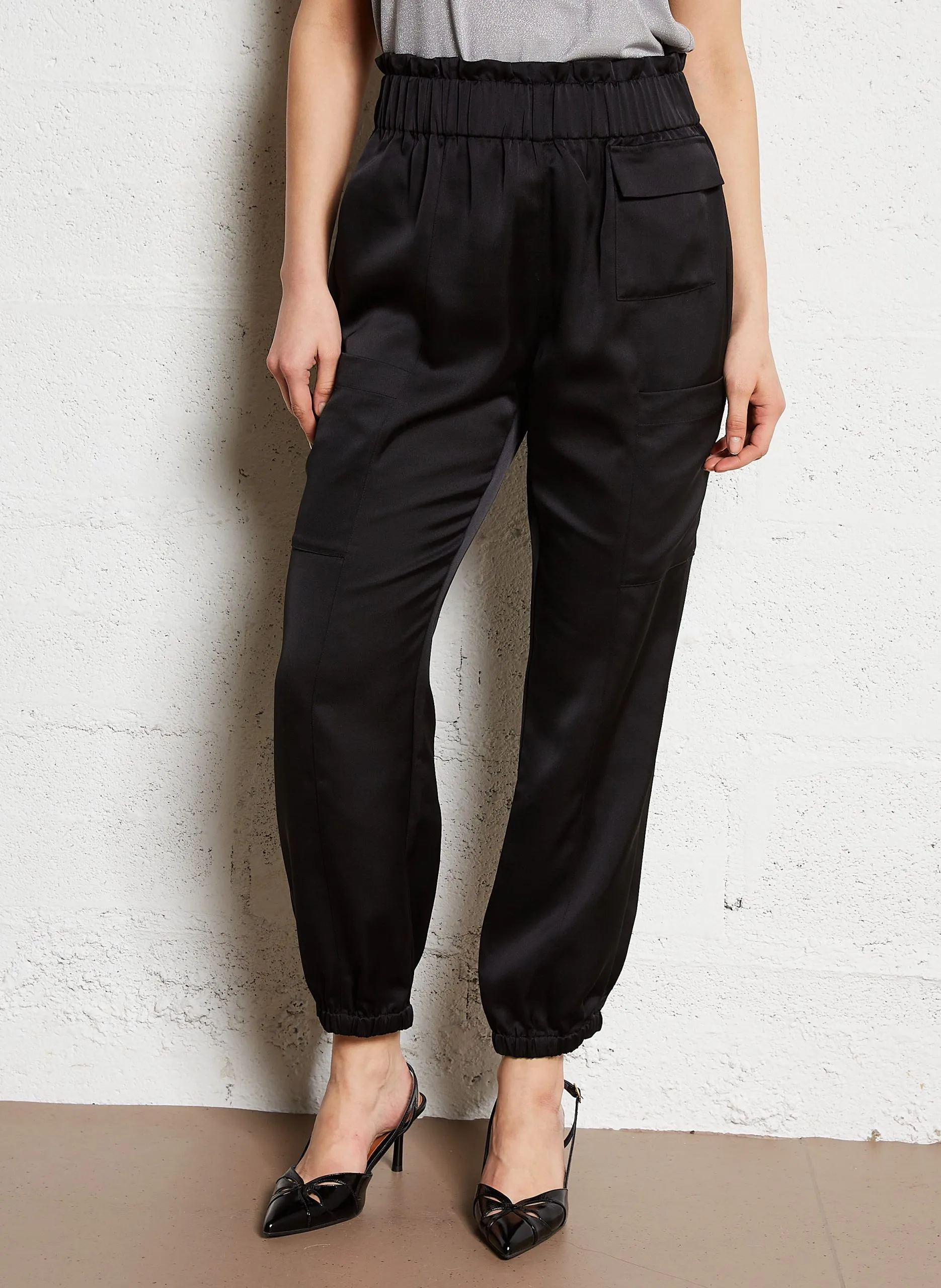Pantalon taille haute satiné Noir PAZIA