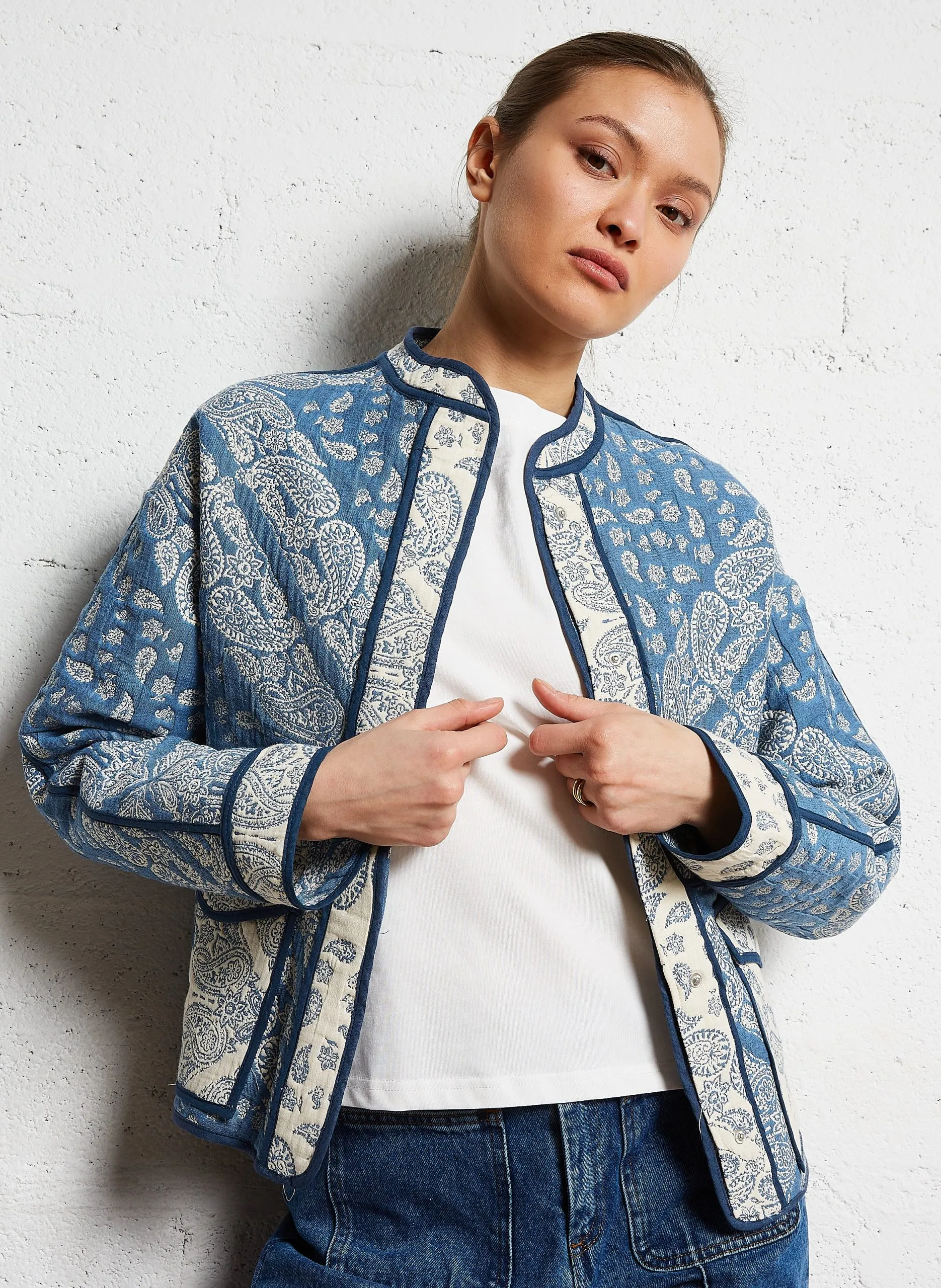 Veste col rond en coton mélangé Bleu VASTILLA