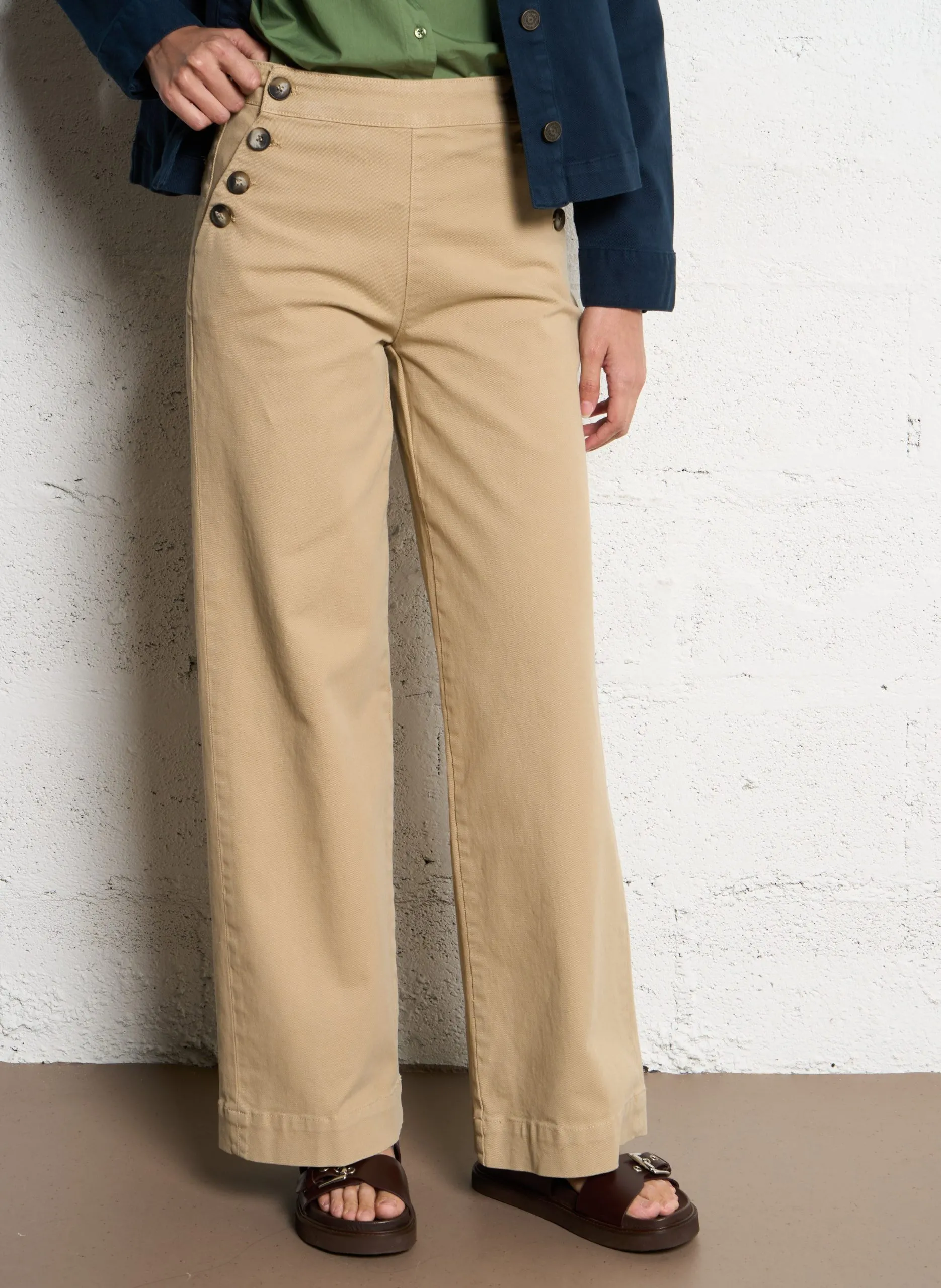 Pantalon large en coton mélangé Beige POMELO