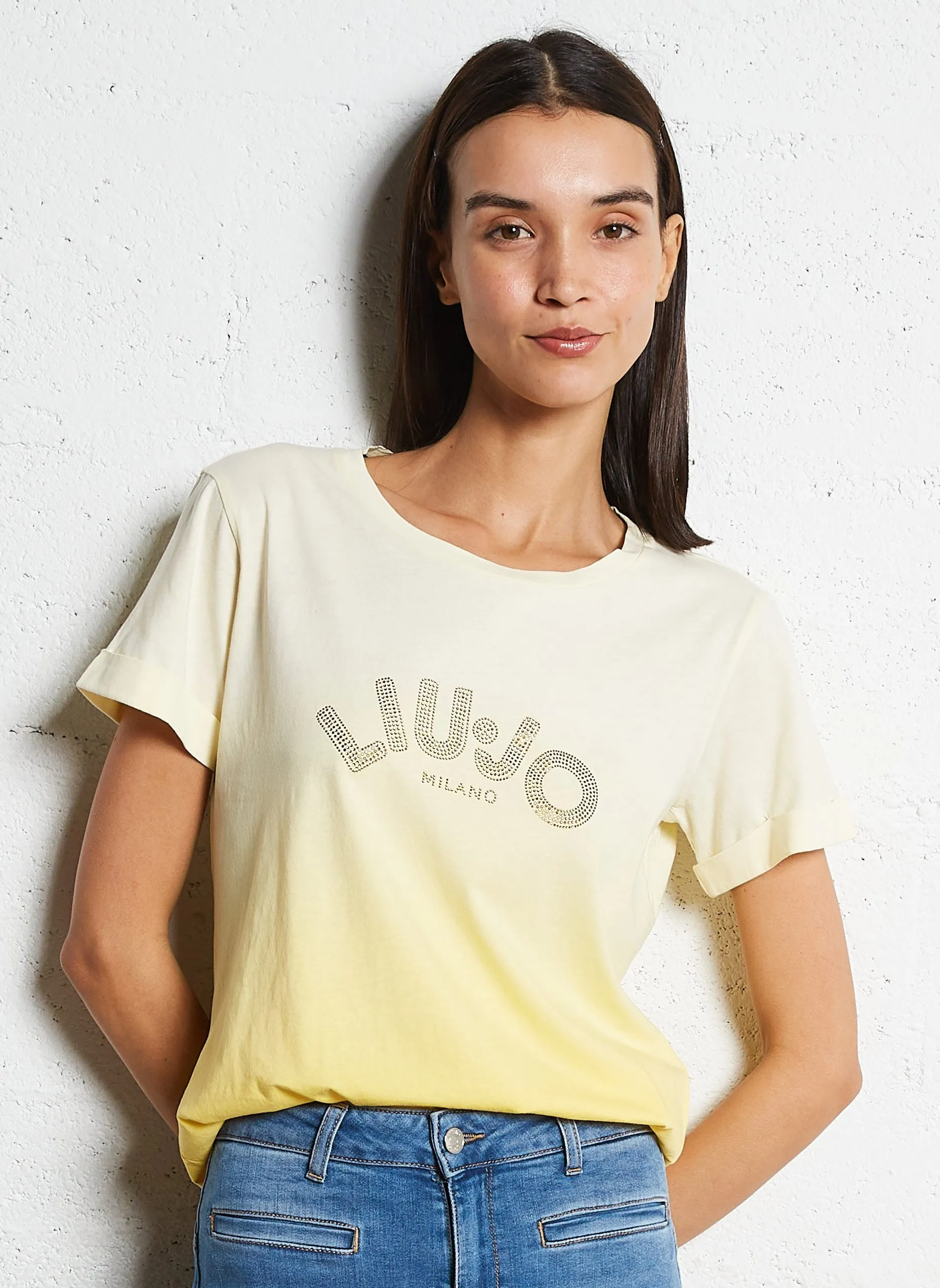 Tee-shirt à strass en coton Jaune