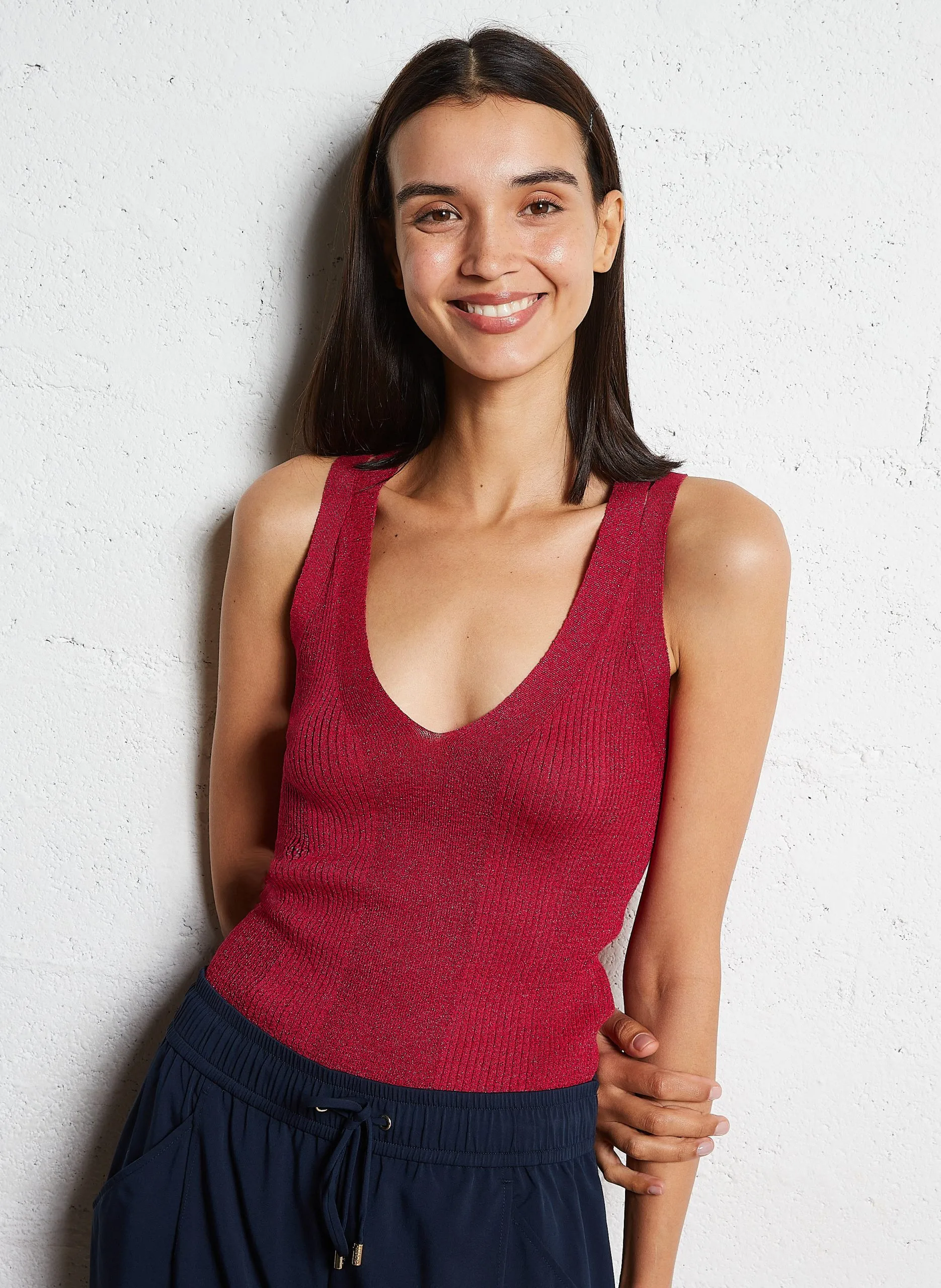 Débardeur moulant col V Rouge