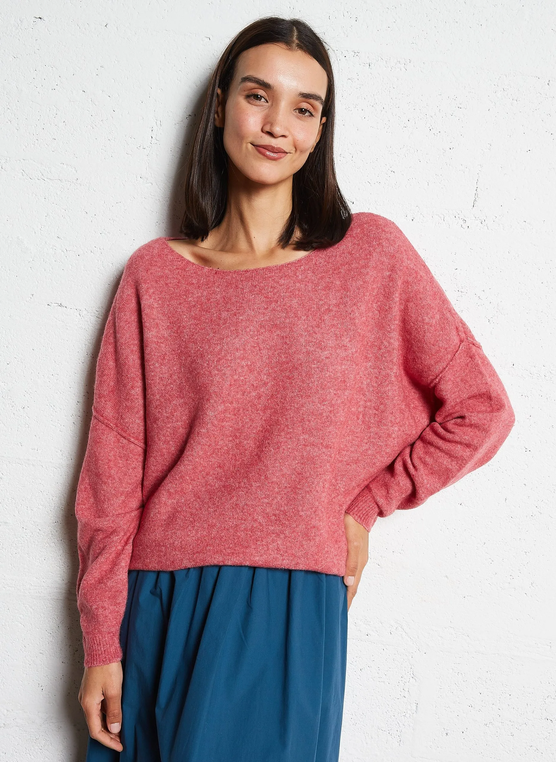 Pull ample à col bateau en maille duveteuse Rose DAMSVILLE