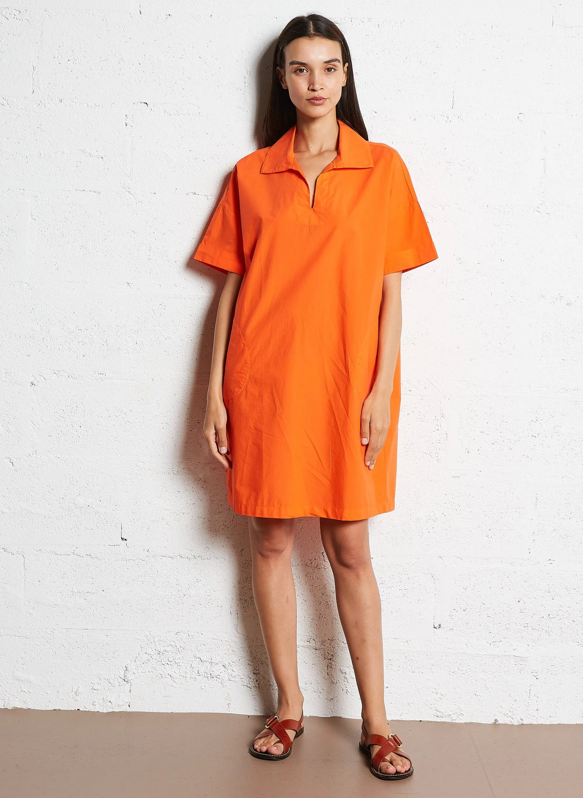 Robe courte col chemise en coton Orange LARA