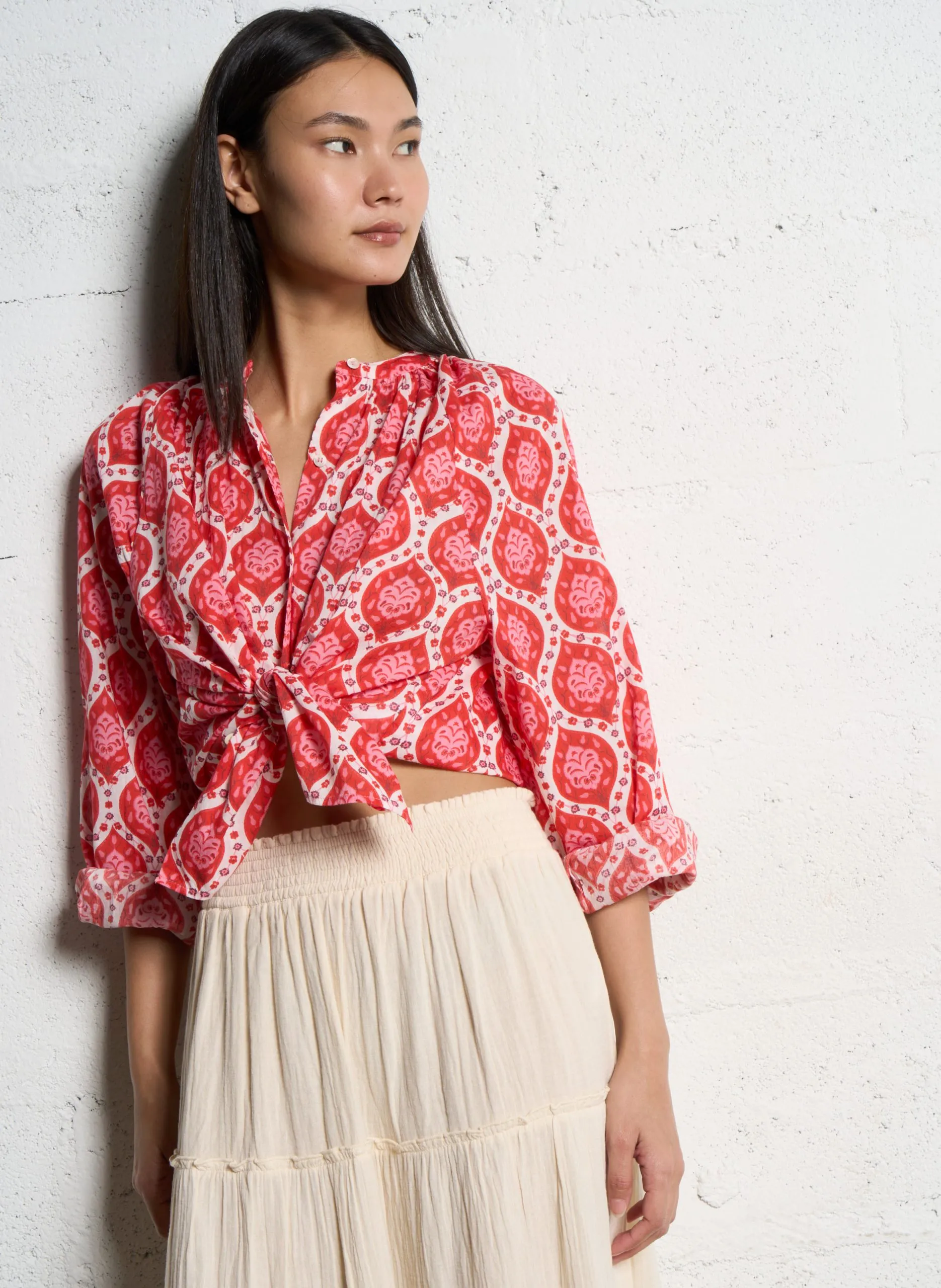 Chemise oversize col mao en coton Rouge TEA