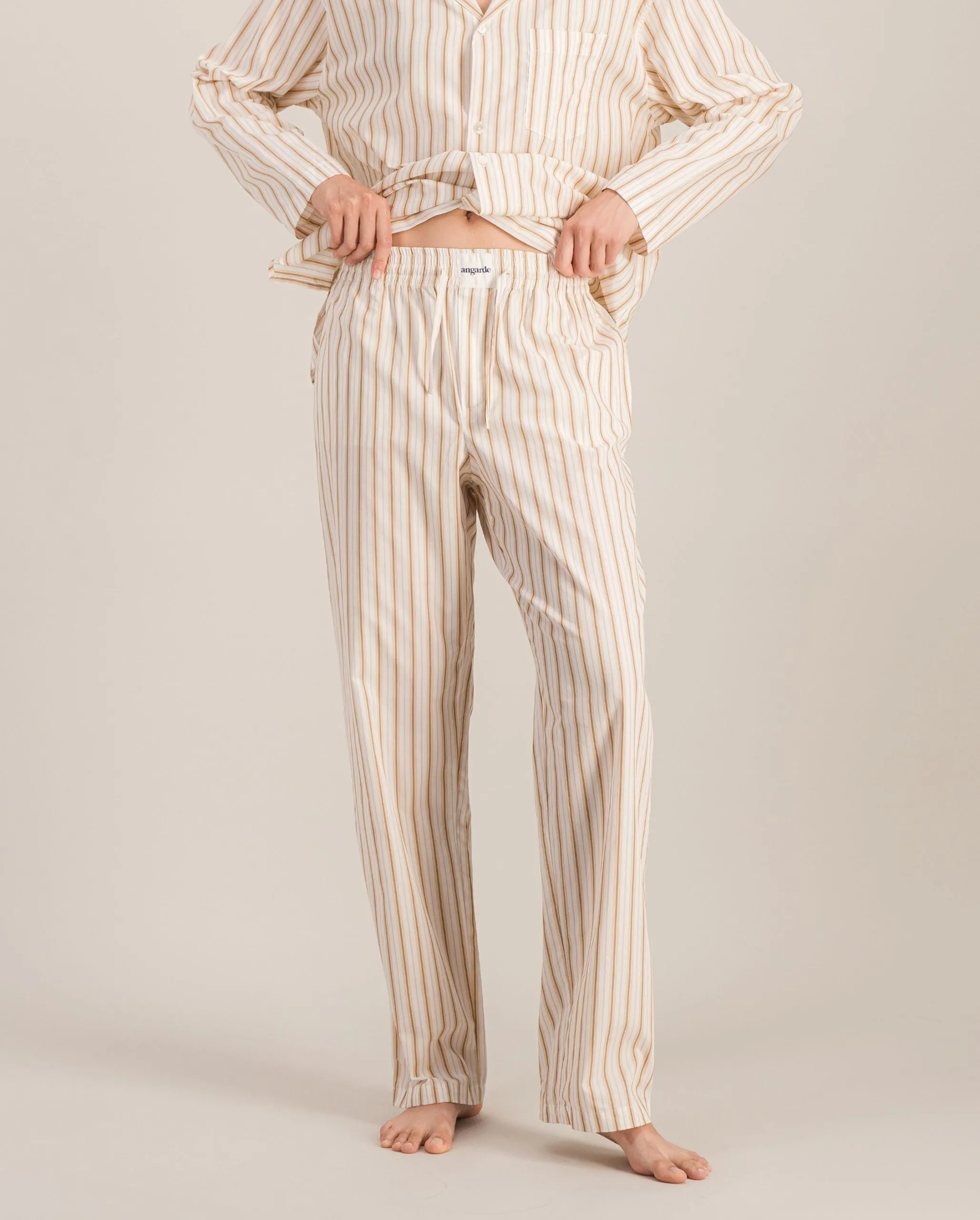 Pantalon pyjama femme coton bio, rayures beiges Rayé