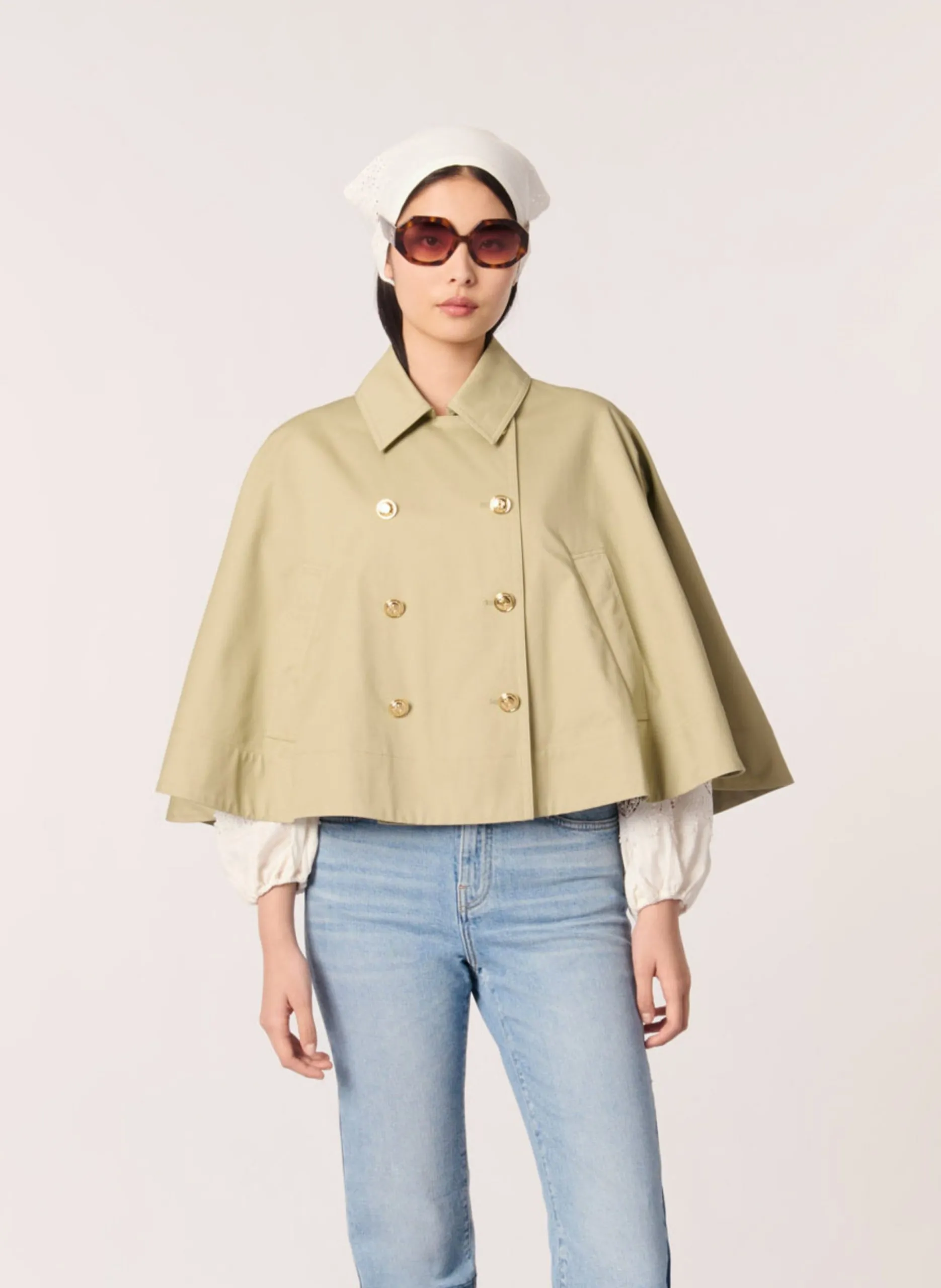 Cape ample col classique en coton Kaki