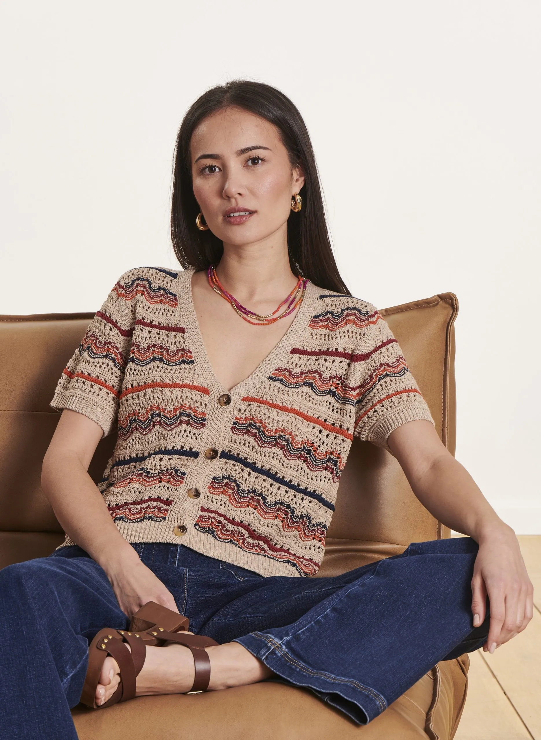 Gilet en maille crochet de coton mélangé Multicolore