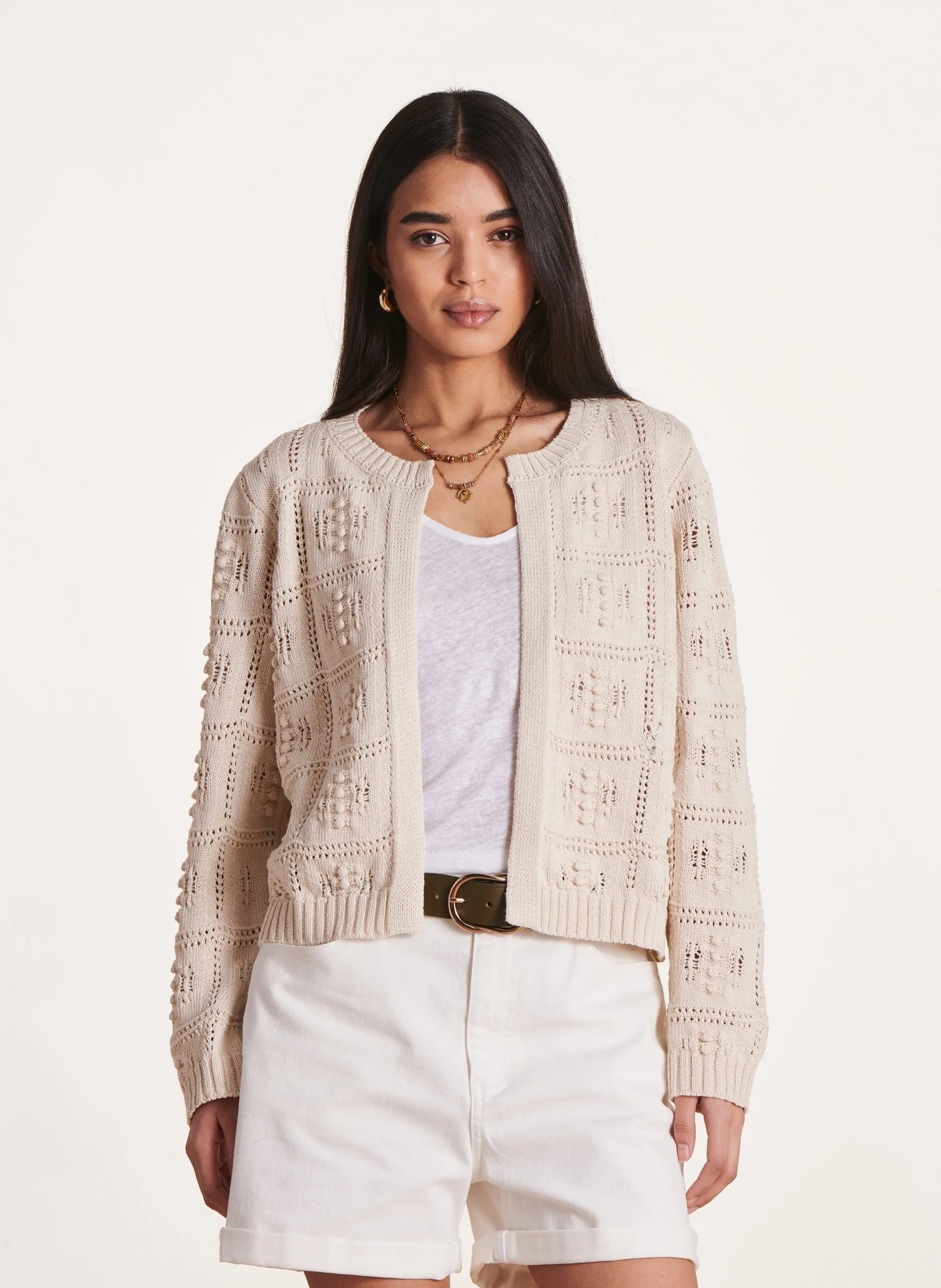 Gilet col rond en coton mélangé Blanc