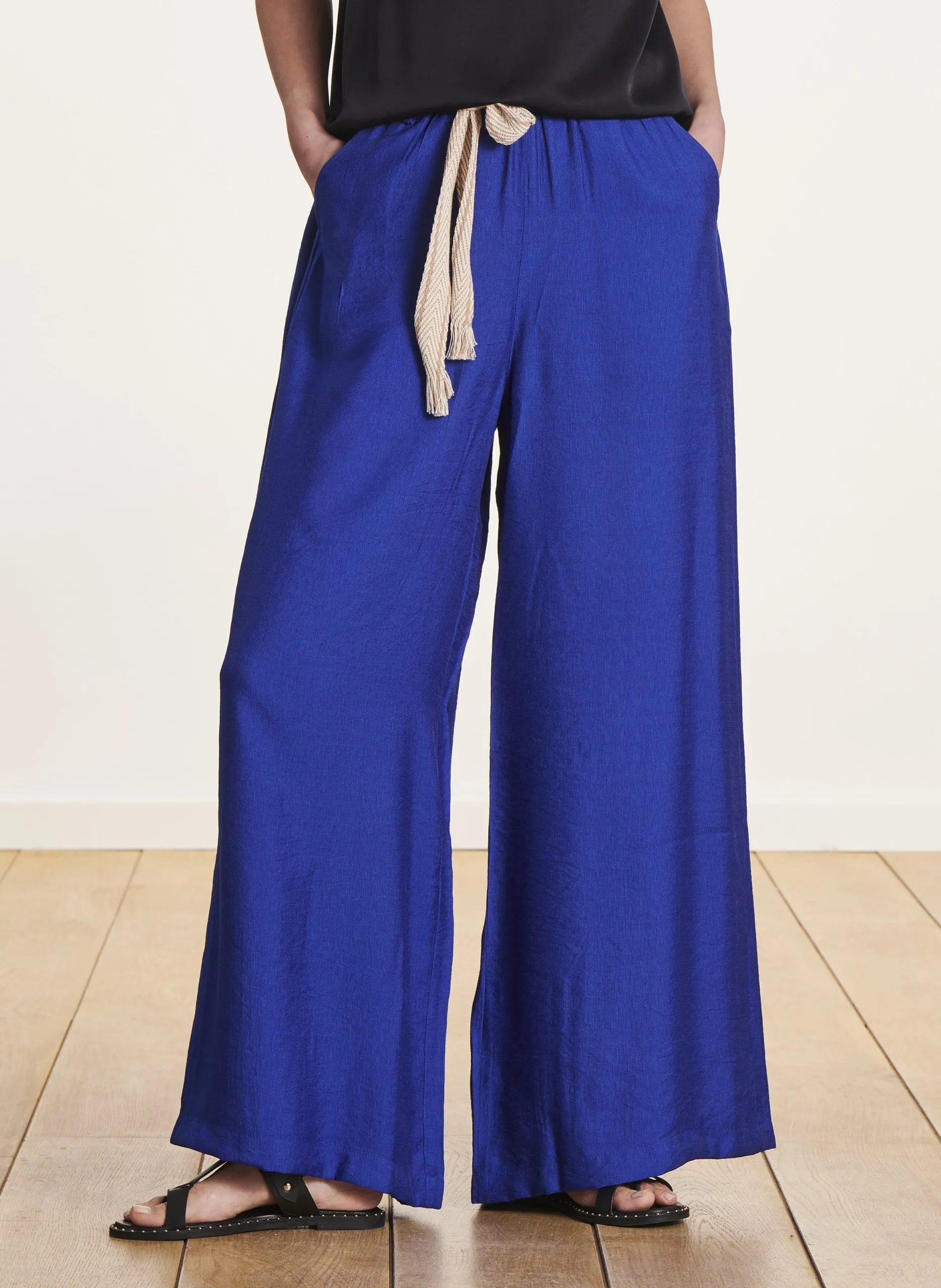Pantalon large taille haute avec ceinture Bleu