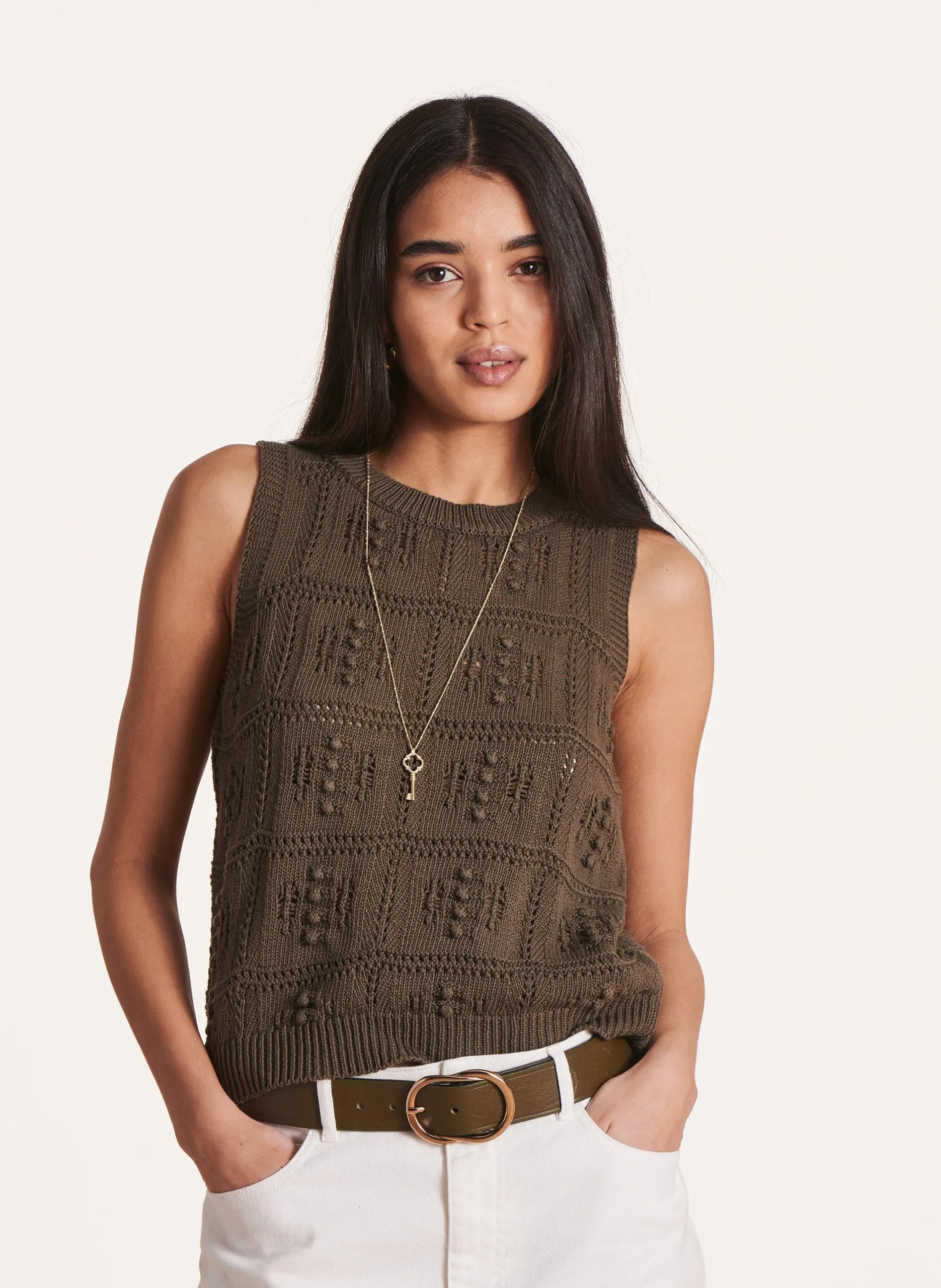 Pull sans manches en coton mélangé Kaki