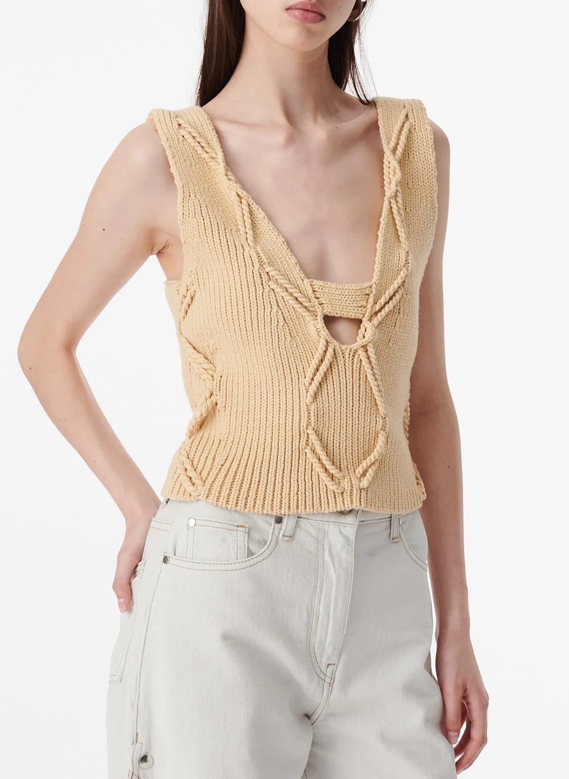 Top col V en coton mélangé Jaune DYNA