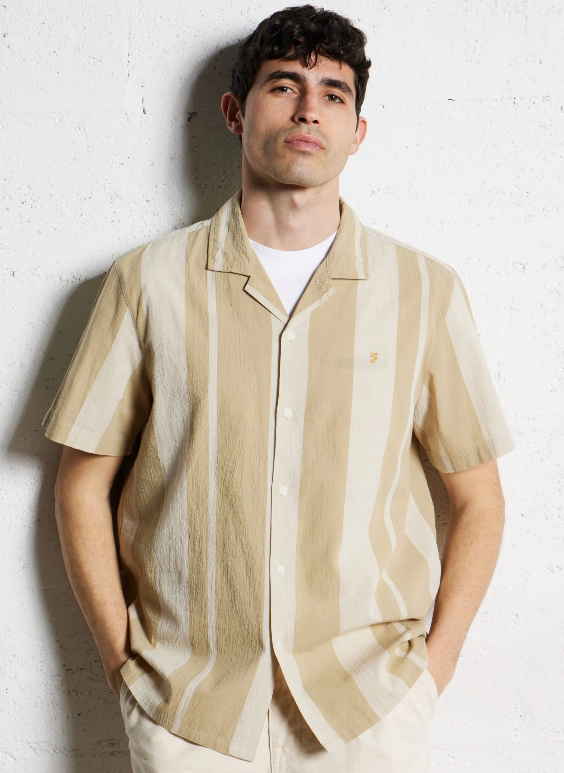 Chemise droite col cubain rayée en coton Marron ALSTON