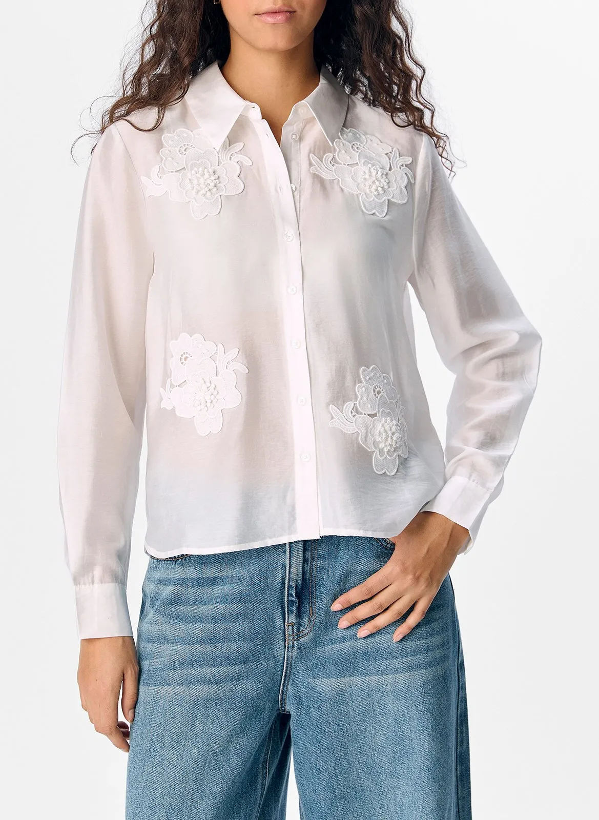 Chemise courte à broderies fleurs Multicolore