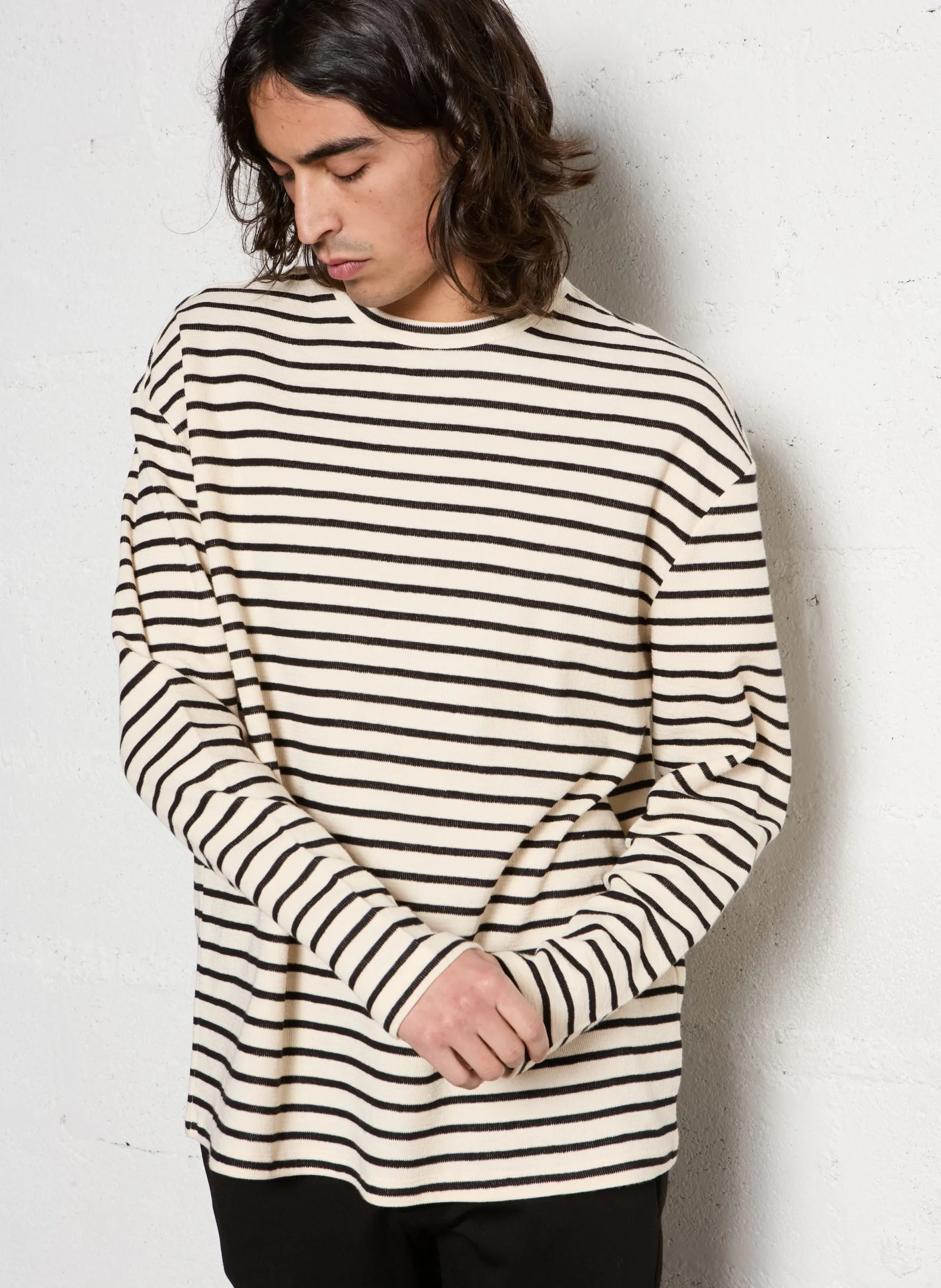 Tee-shirt col rond à rayures Beige