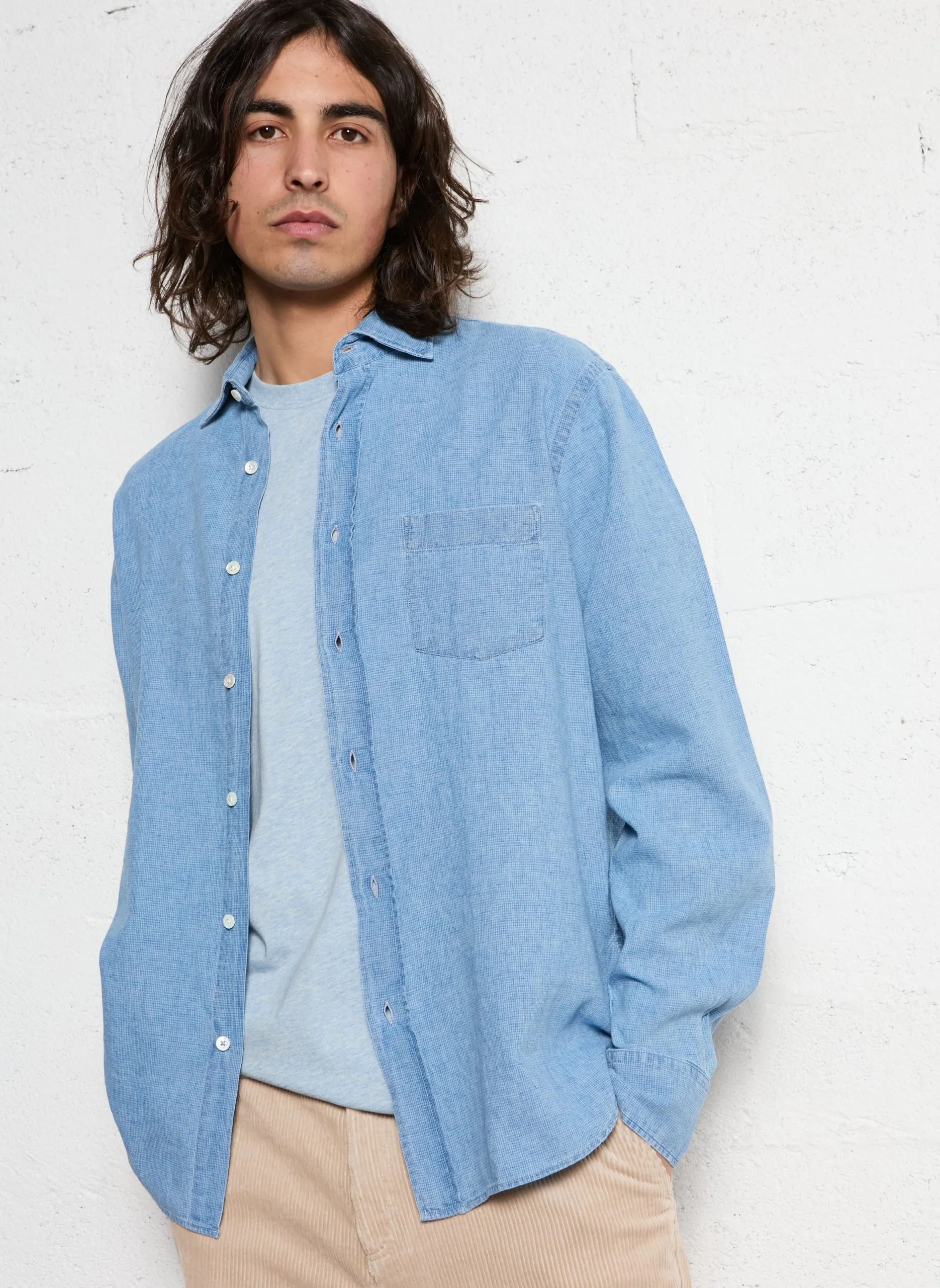 Chemise col classique en lin et en coton mélangé Bleu PAUL