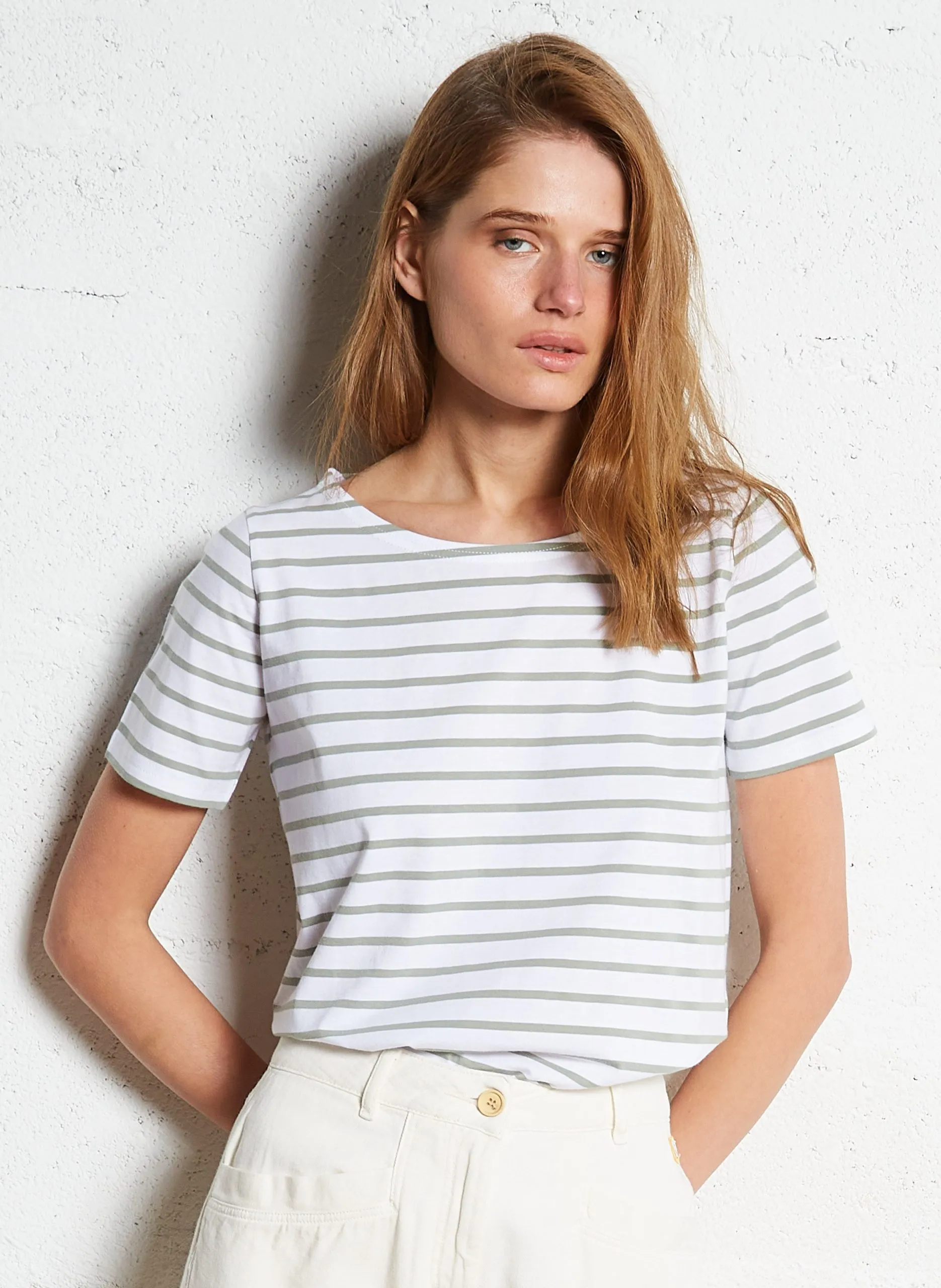 Tee-shirt col bateau rayé en coton léger Multicolore