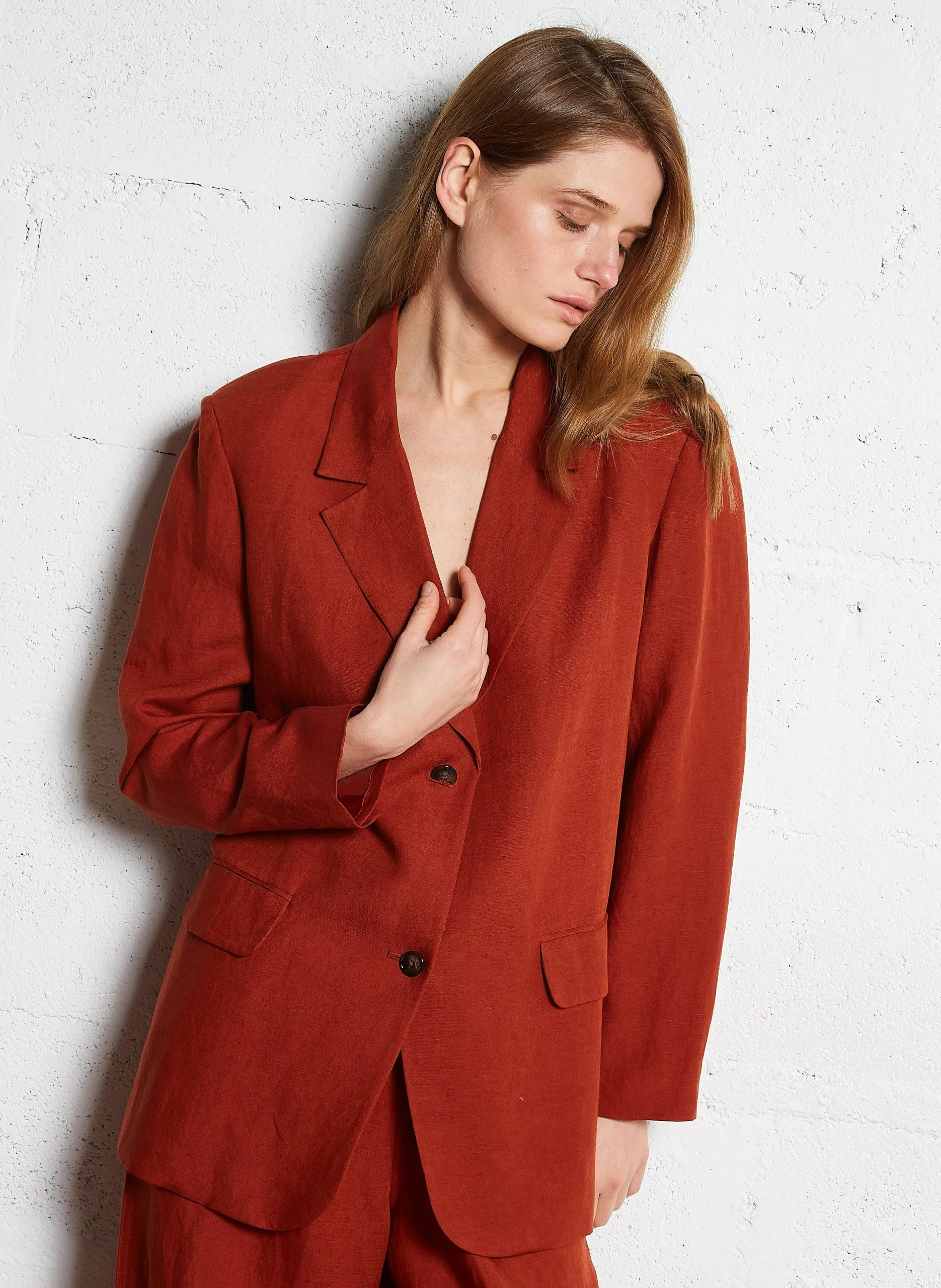 Veste tailleur large en lin mélangé Rouge TAHO