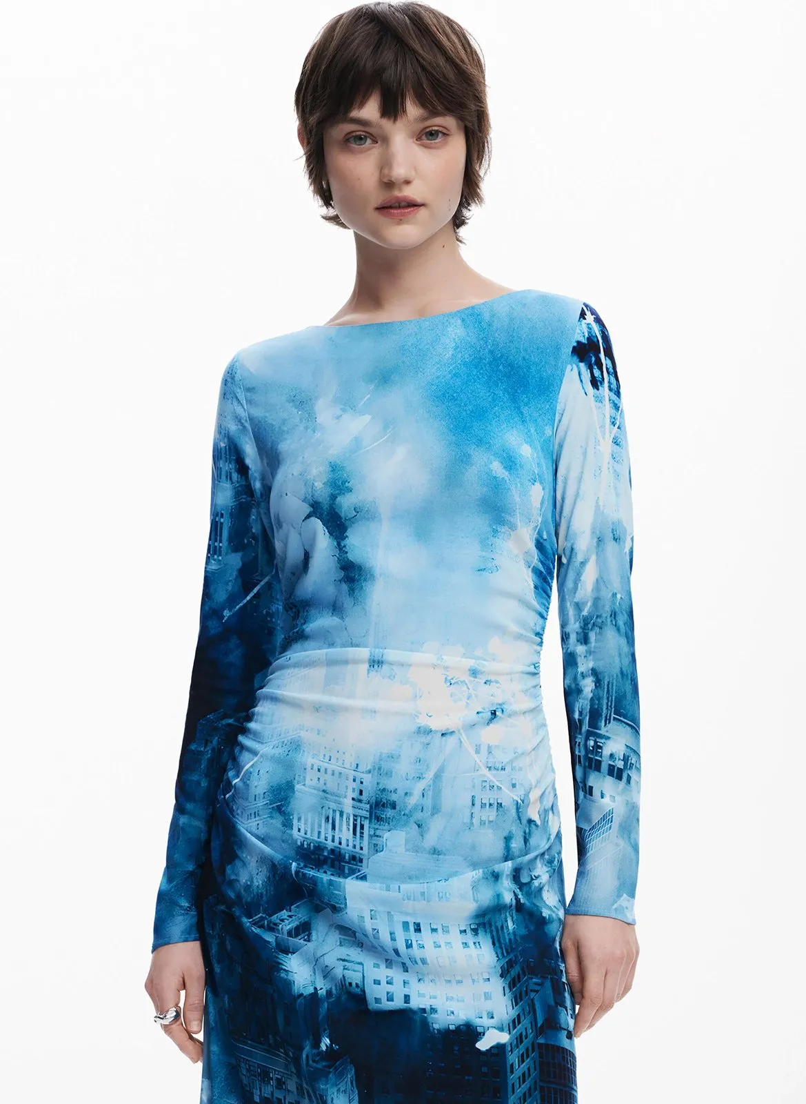 Robe midi col bateau imprimé Multicolore