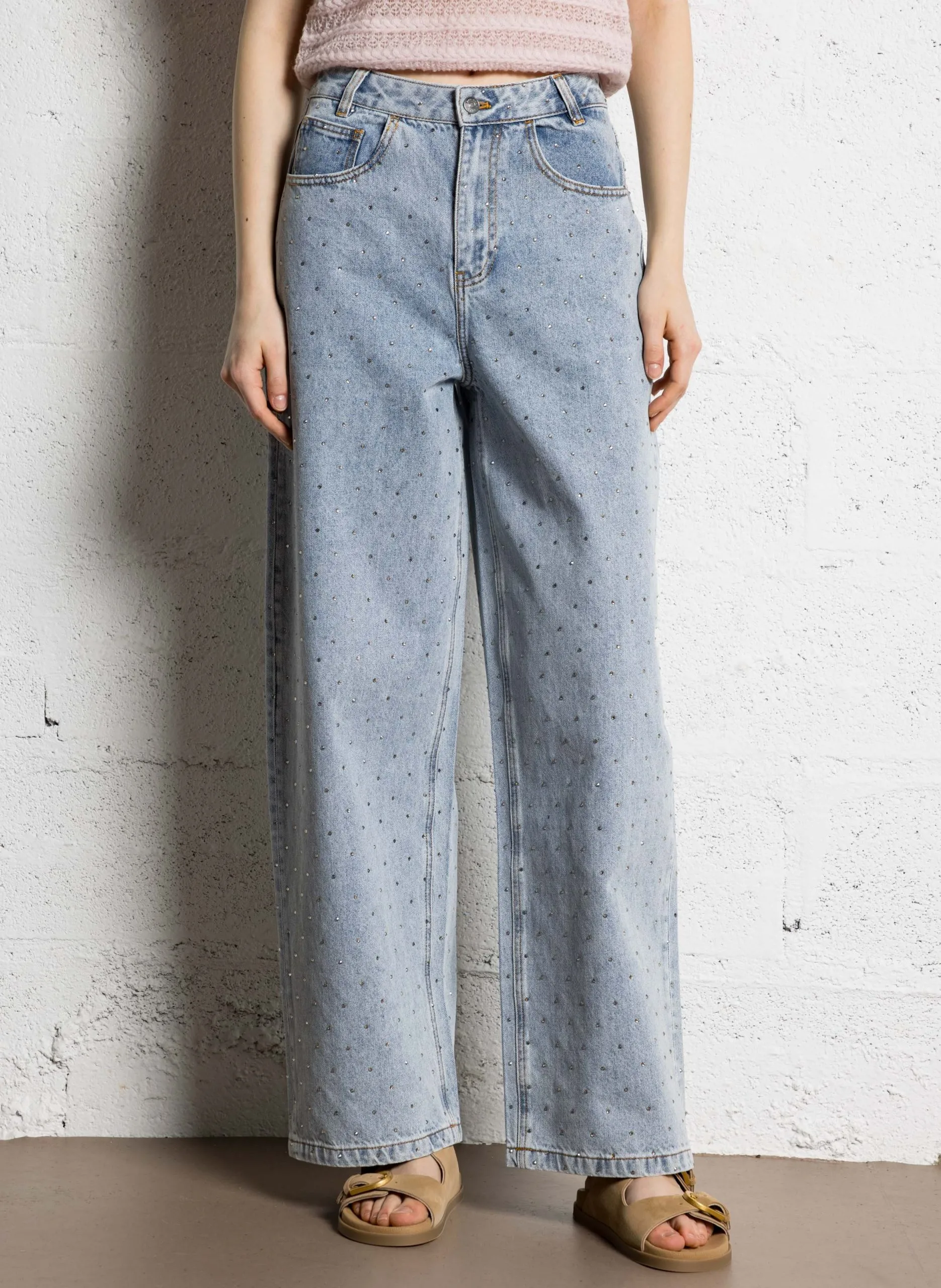 Jean large taille haute à strass Bleu ATLANTA