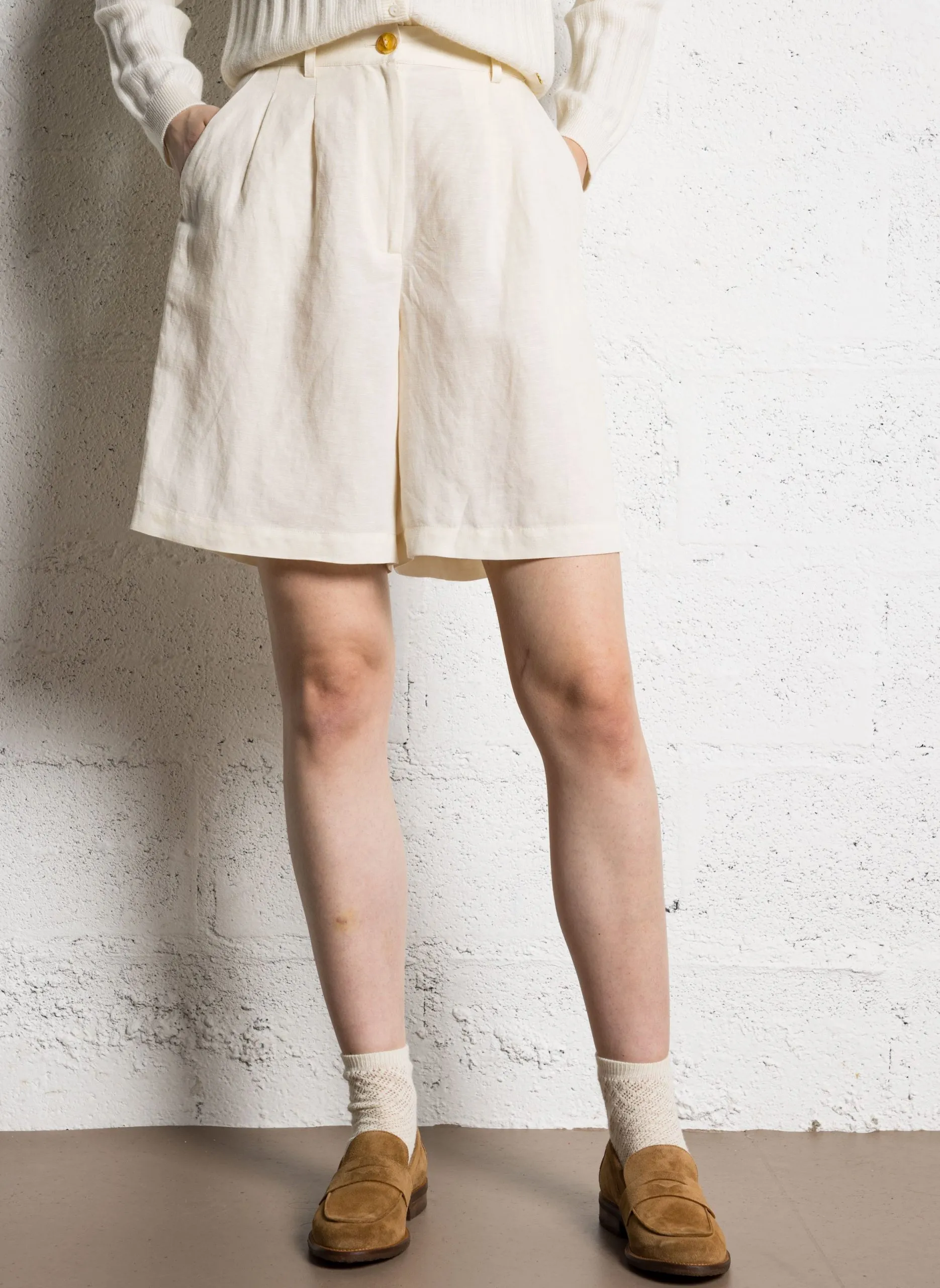 Short large taille haute en lin mélangé Beige TAHINI