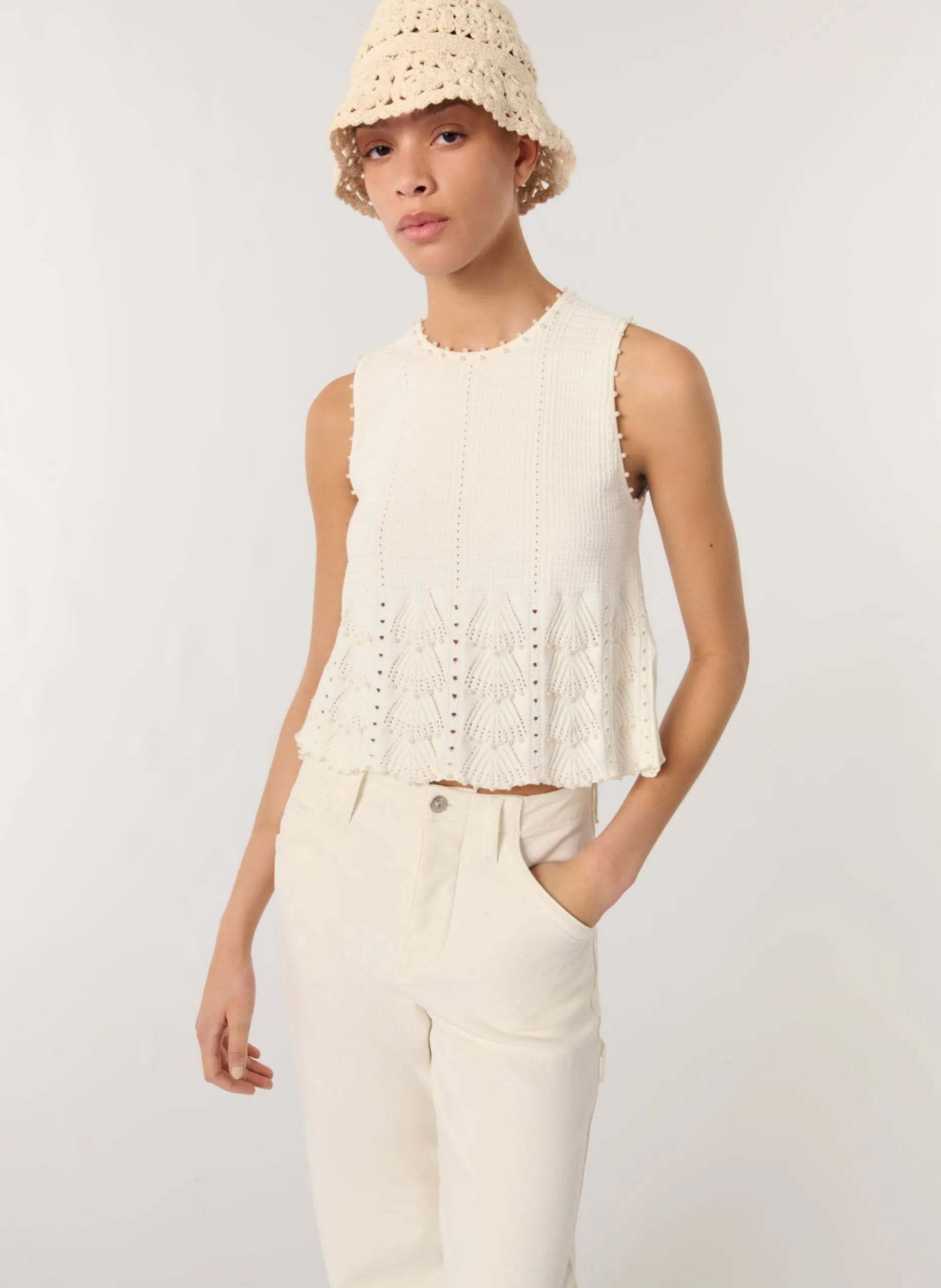 Top droit en coton mélangé Blanc