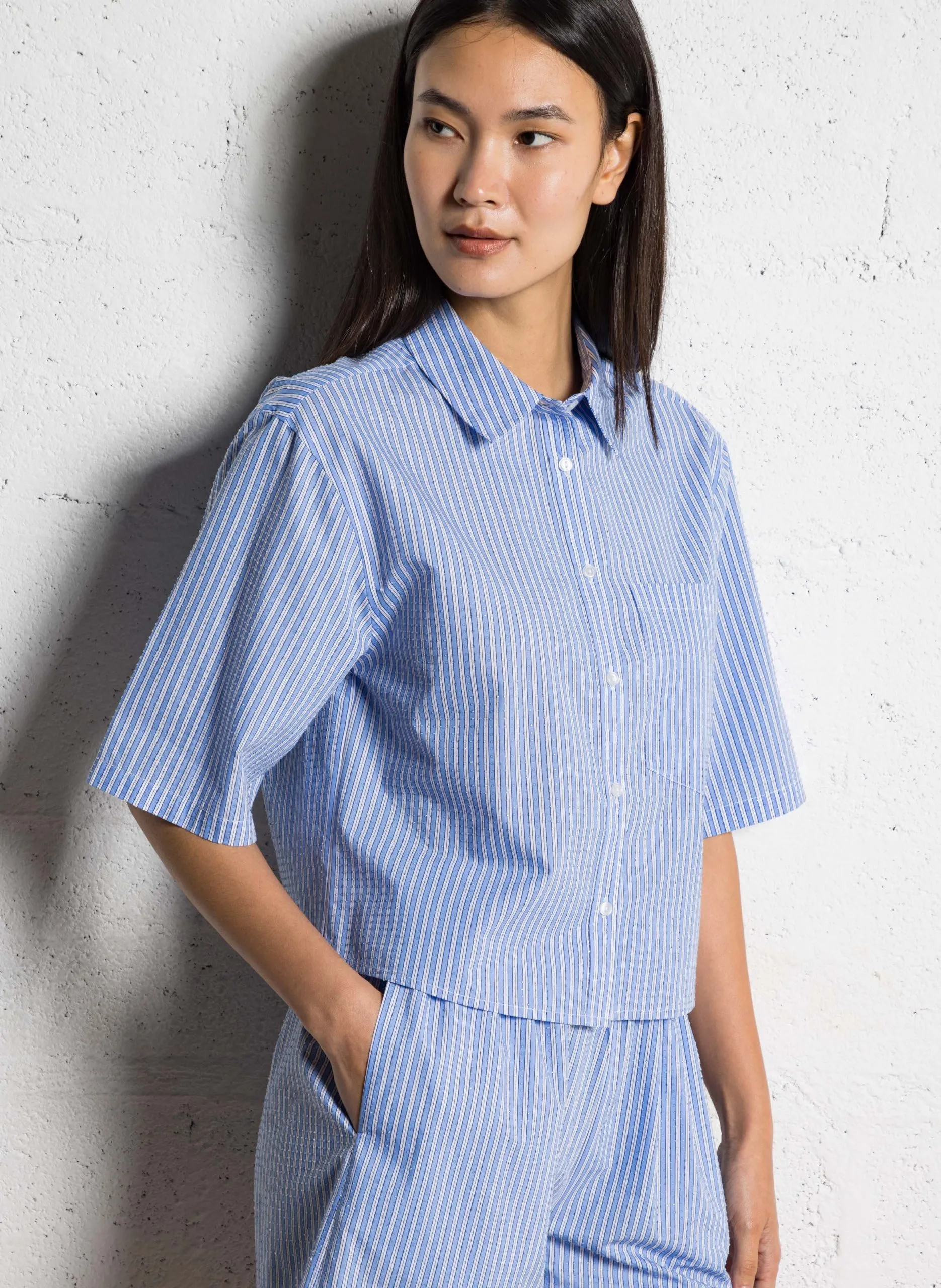 Chemise droite en coton mélangé rayé Bleu CIRILLA