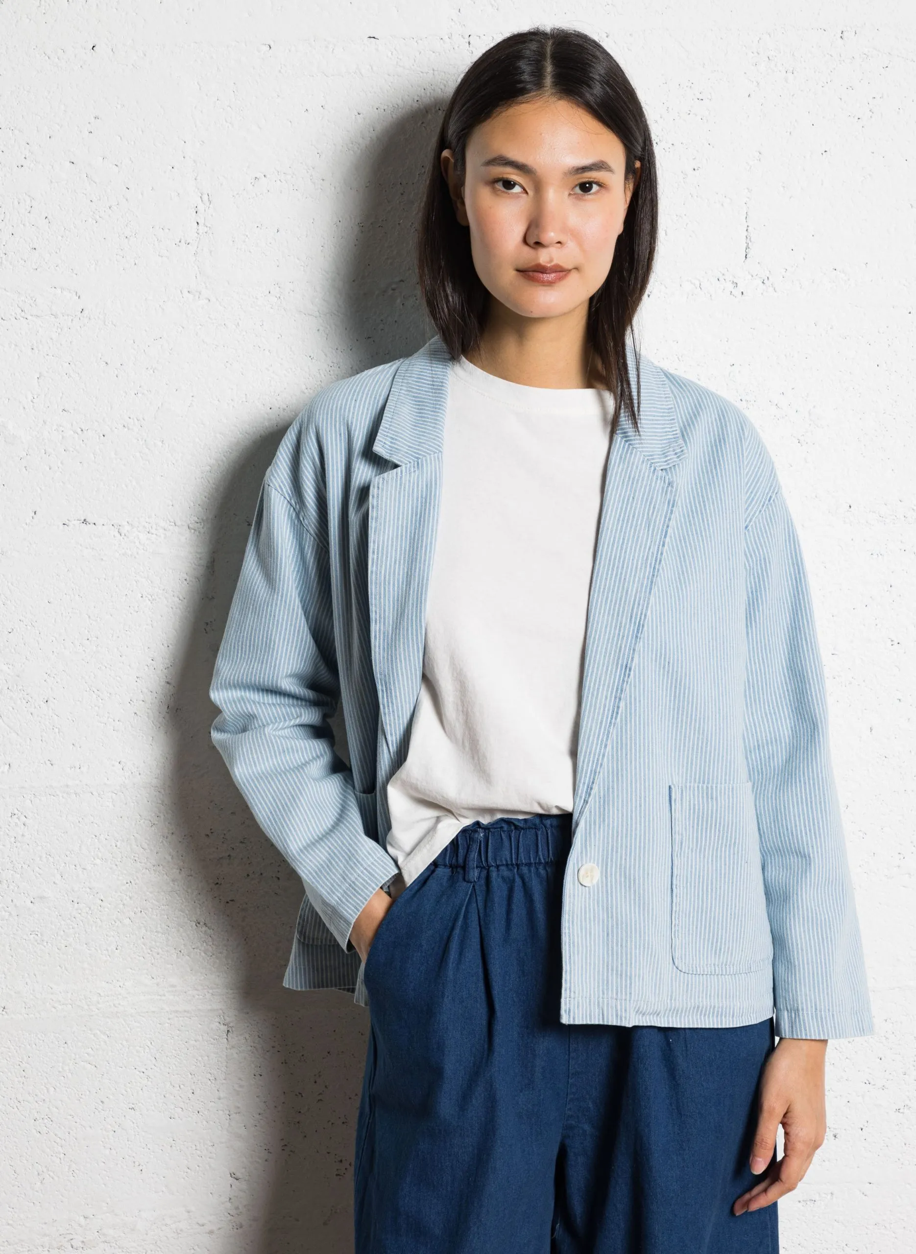 Veste de tailleur droite en coton mélangé Bleu