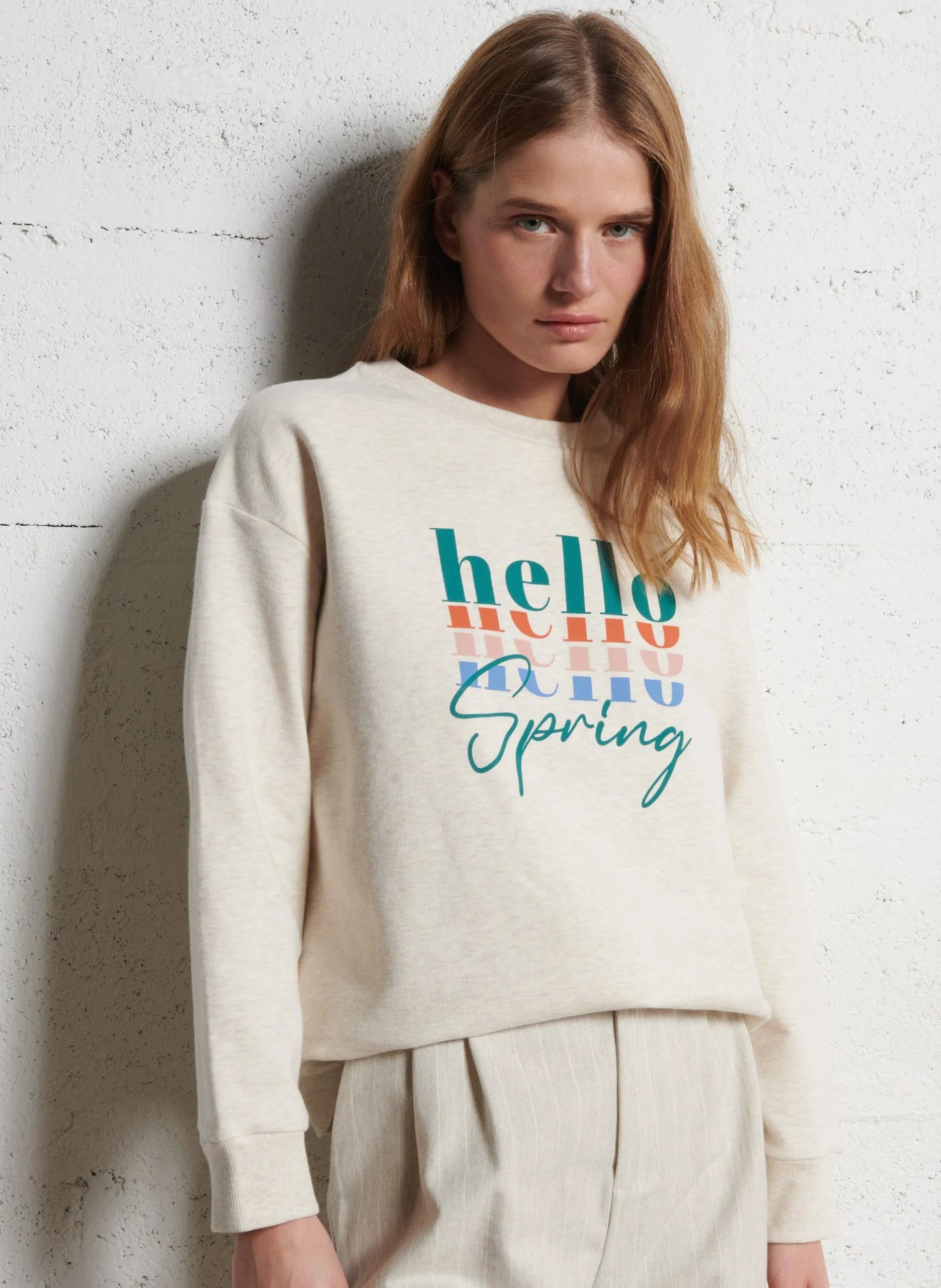 Sweat droit en coton mélangé sérigraphié Blanc