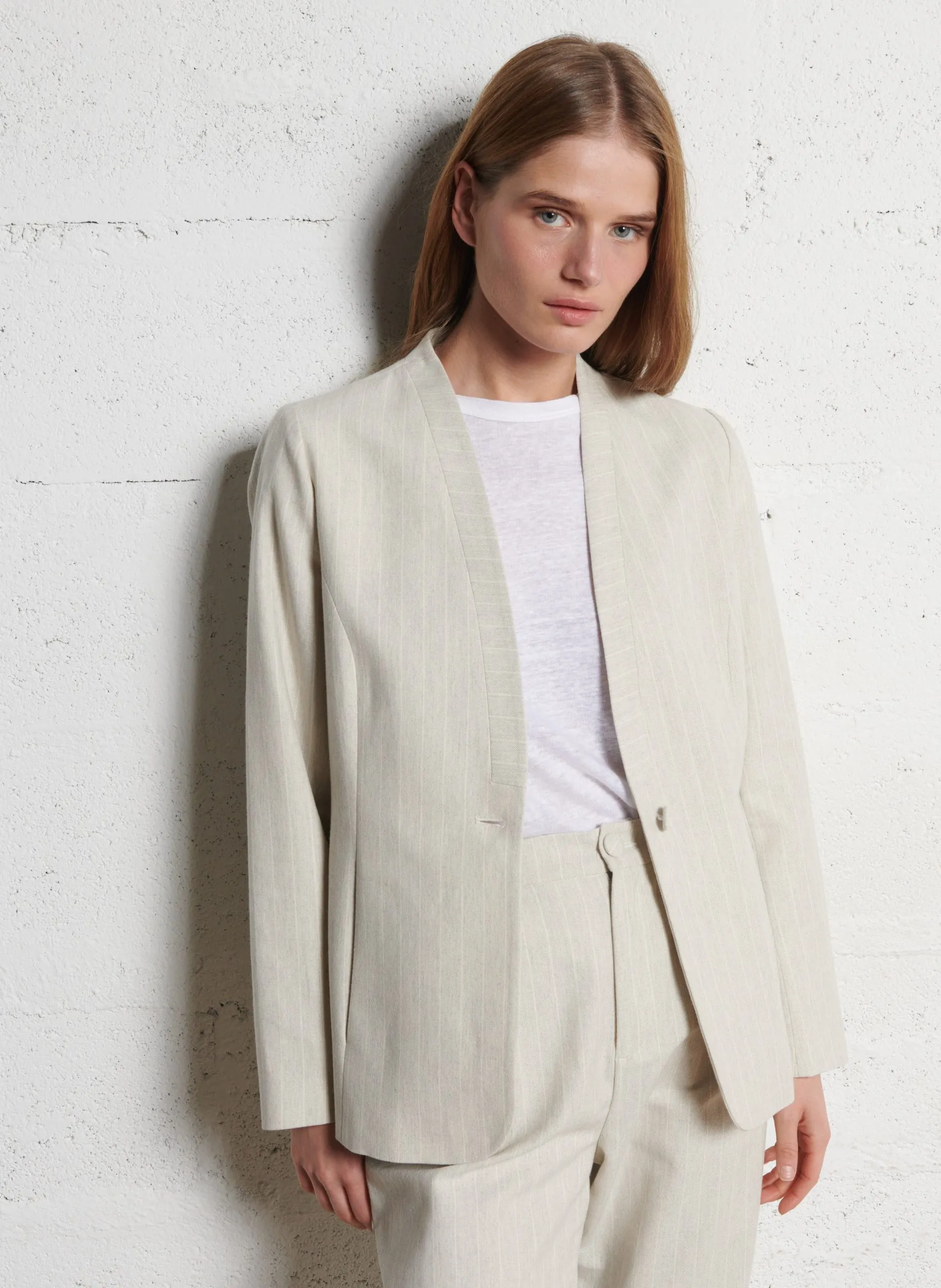 Veste droite col V en coton mélangé Gris