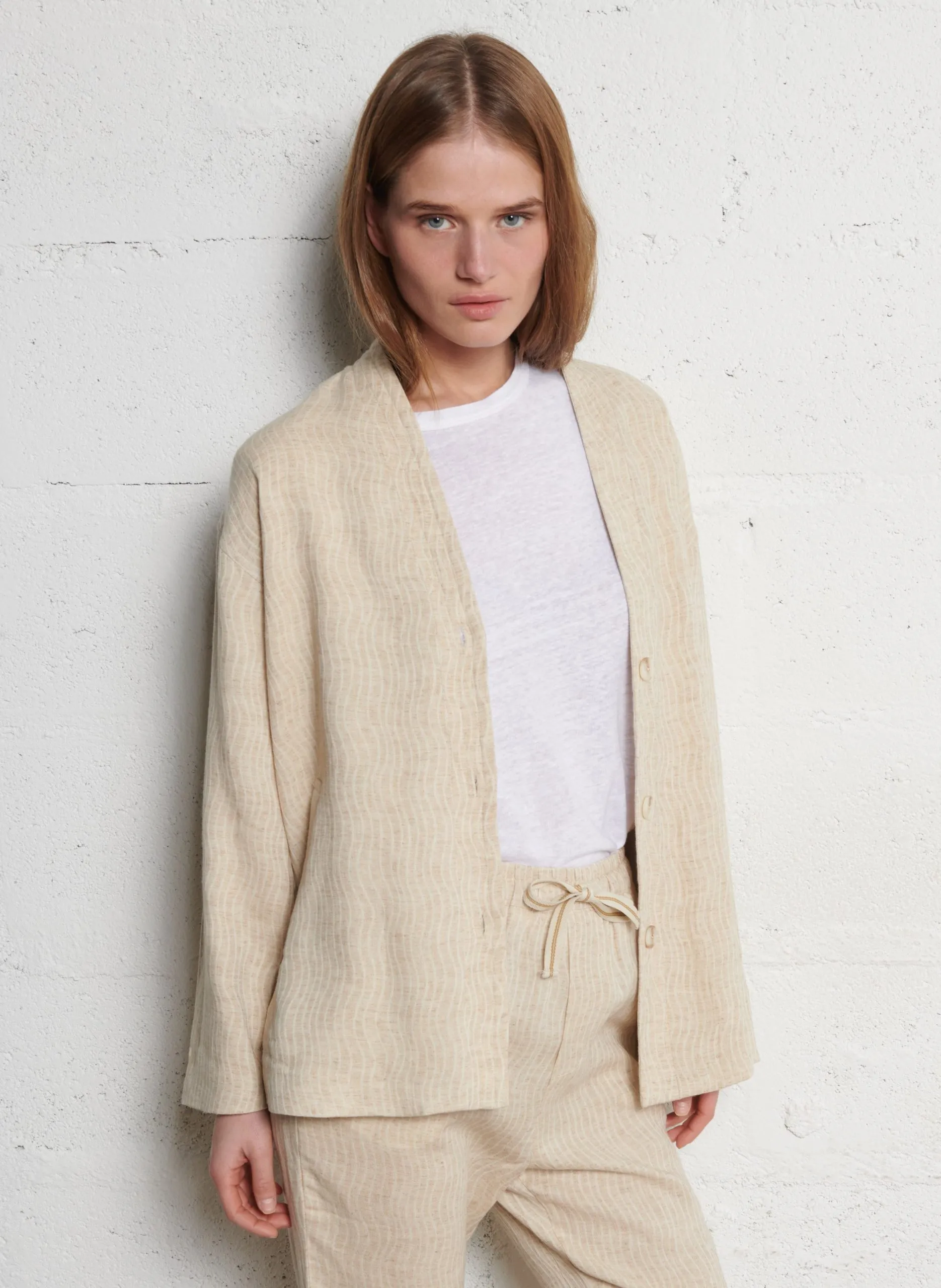 Veste oversize col V en coton mélangé Beige