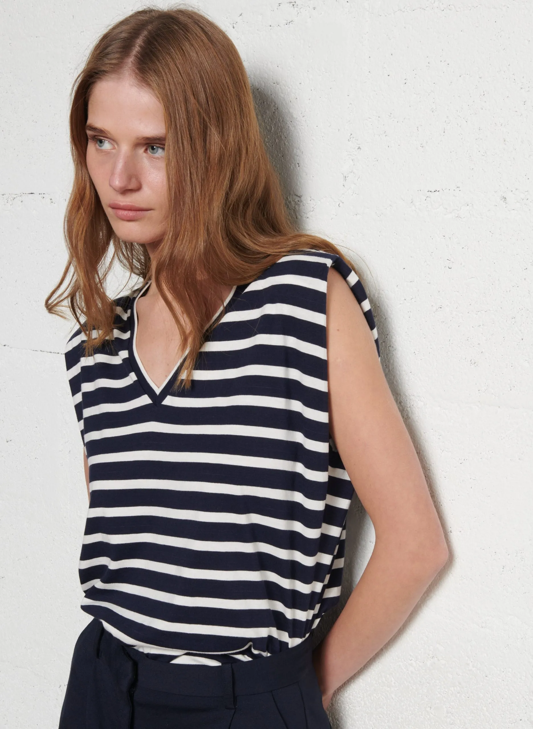 Tee-shirt sans manches rayé Bleu