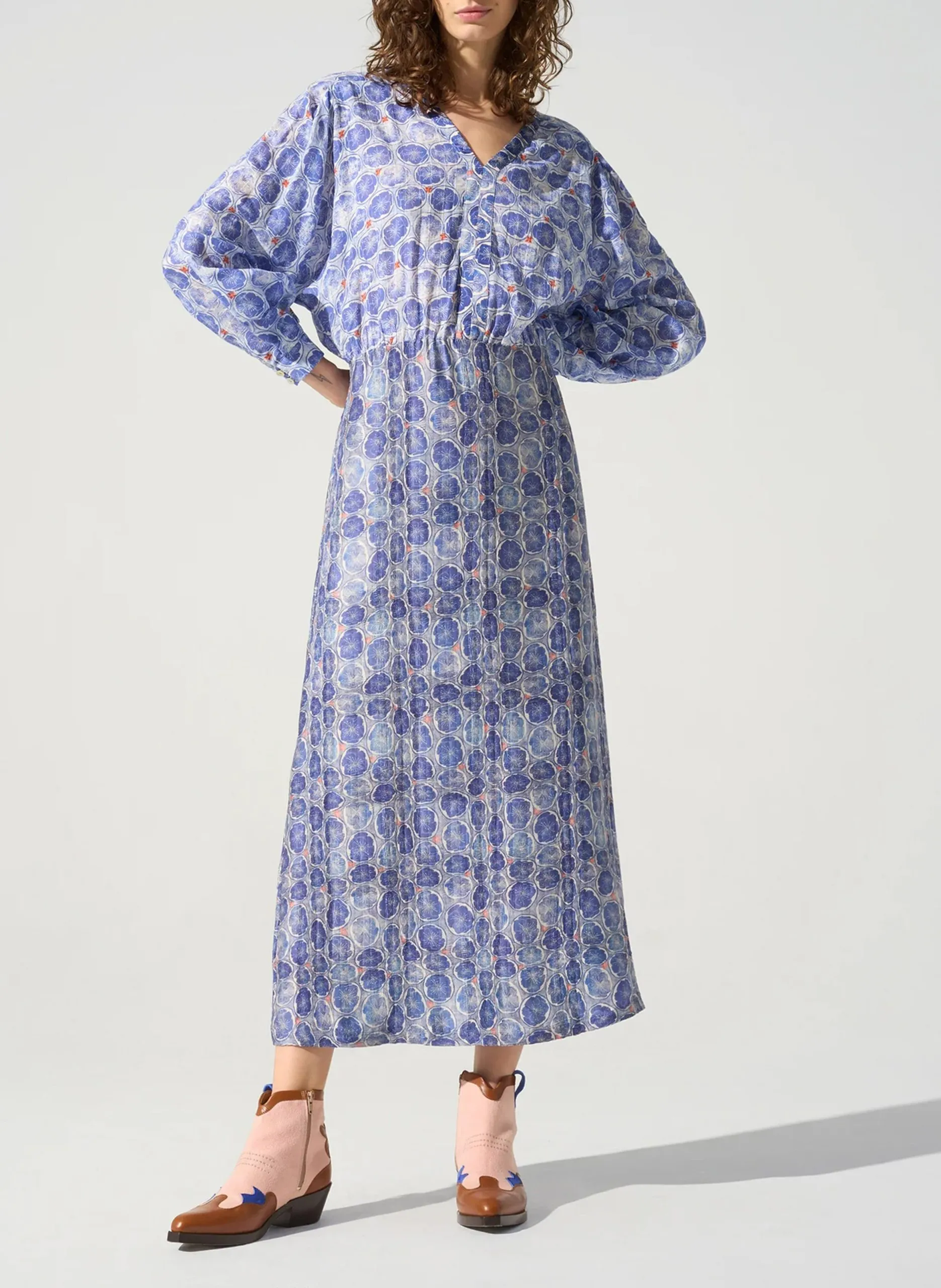 Robe longue fluide à motifs en coton Bleu