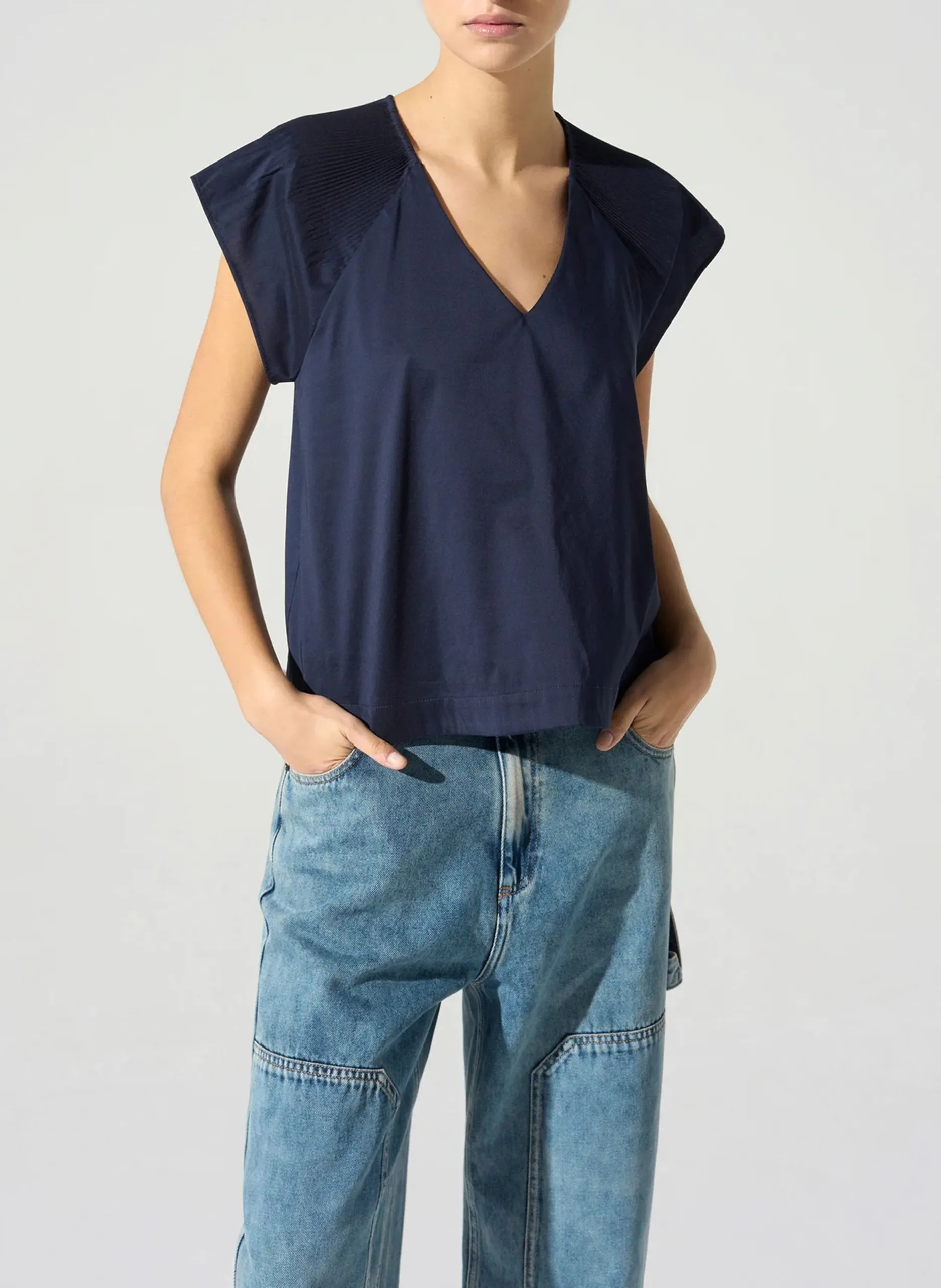 Blouse col V en coton mélangé Bleu