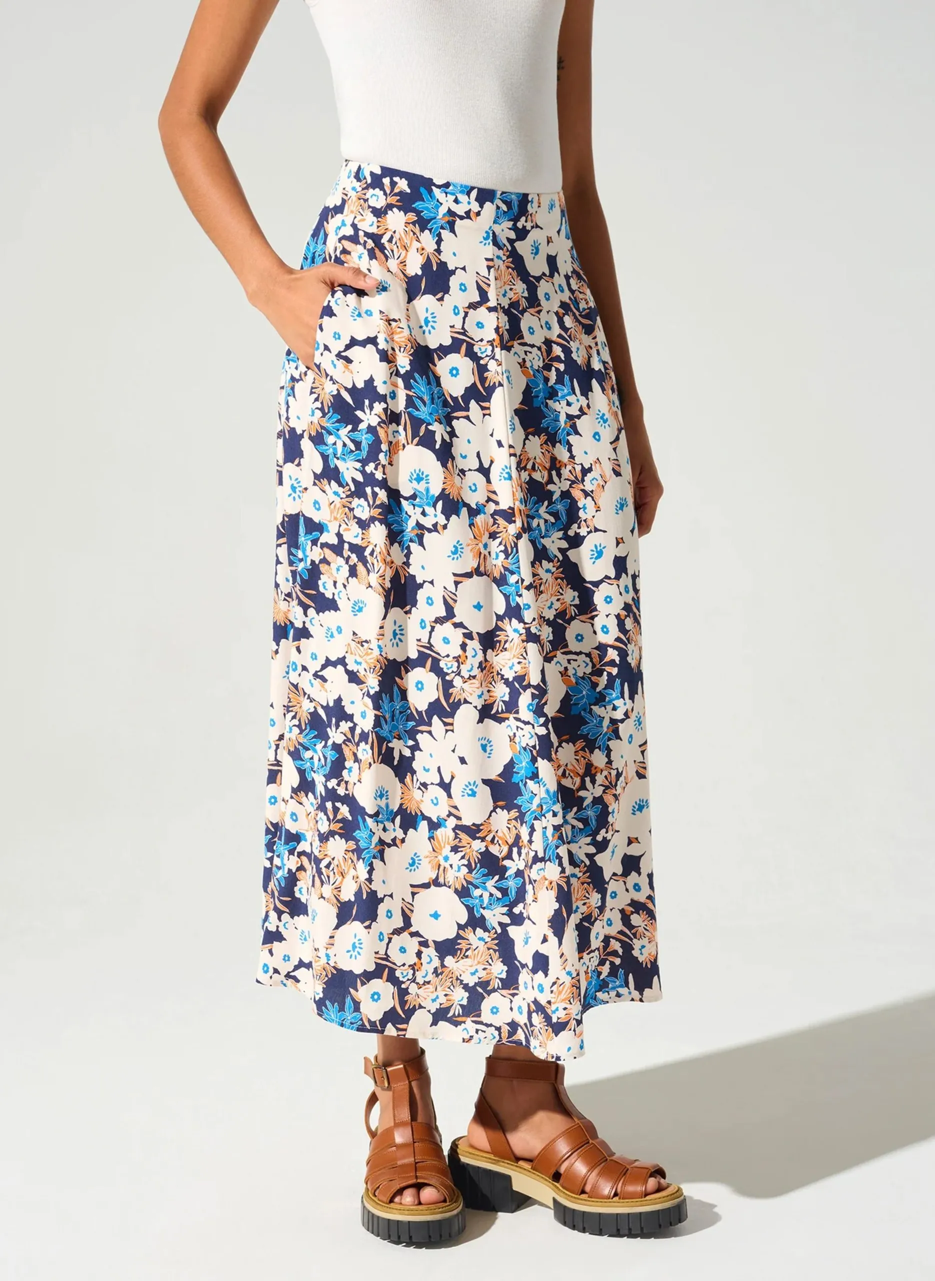 Jupe midi évasée à motifs Bleu