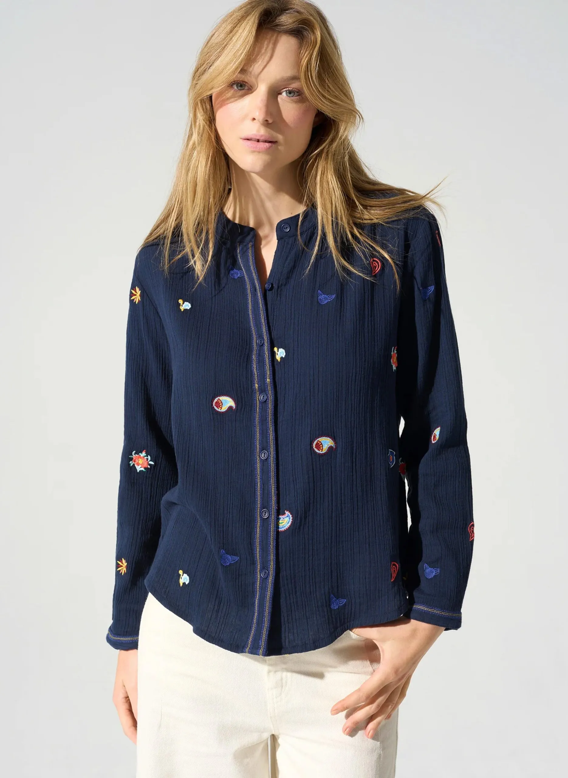 Blouse manches longues brodée Bleu