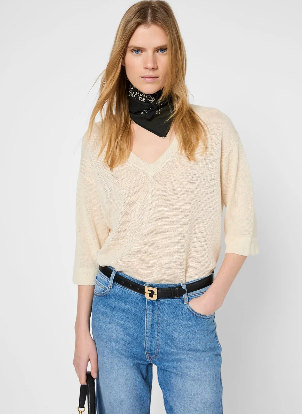 Pull droit col V en lin Beige JOSIANE