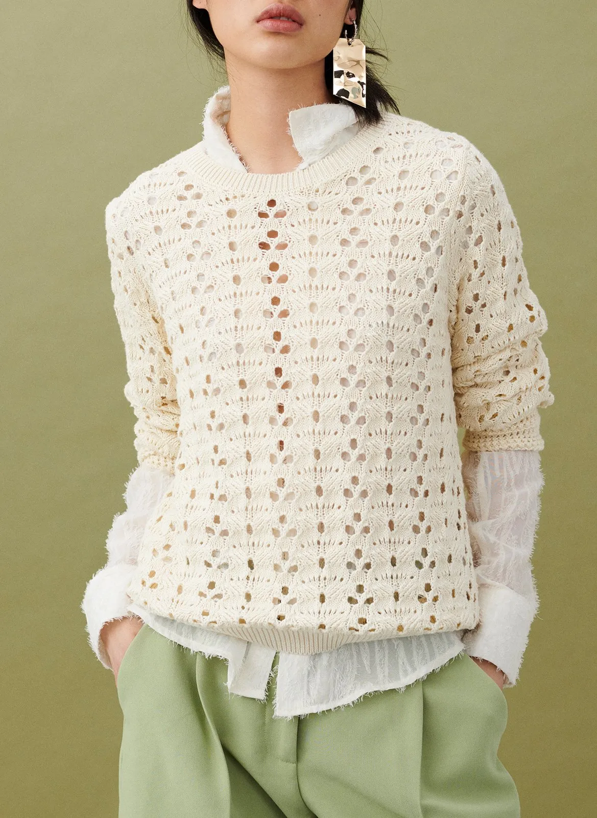 Pull col rond en coton bio Beige
